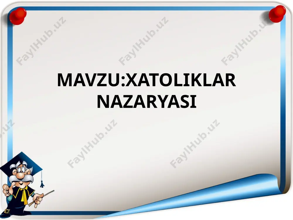 y xatoliklar. bu turdagi xatoliklar yuqori sifatli qurilmalarga ham tegishlidi. ular ma’lum bir sezgirlik va aniqlash darajasiga ega. shunday qilib, o‘lchov qurilmalari natijani ma’lum sezgirlik darajasi chegarasidagina aniqlay oladi. tajriba o‘tkazish sharoitiga bog‘liq bo‘lgan xatoliklar tasodifiy xatoliklarga yana tajriba o‘tkazish sharoitiga bog‘liq bo‘lgan xatoliklar kiradi. ular temperatura, bosim o‘zgarishi, tok zanjiridagi kuchli o‘zgarishi va boshqa hollarda ro‘y beradi. surunkali va tasodifiy xatoliklardan tashqari tajriba natijalari orasida boshqa natijalardan katta farq qilib turuvchi xatoliklar uchrab turadi. 3. qo‘llaniladigan apparatlar bilan bog‘liq bo‘lgan surunkali xatoliklar. tayyorlangan qurilmalarning sifati yoki darajalanishi ham surunkali xatoliklarni keltirib chiqaradi. masalan, analitik torozini noto‘g‘ri sozlanishi, termometr yoki voltmetr shkalasini noto‘g‘ri darajalash – tempratura yoki kuchlanishni o‘lchashda surunkali xatolikka olib keladi. bunday xatoliklar qurilmani to‘g‘ri sozlash yo‘li bilan yo‘qotiladi. 4. tajriba o‘tkazuvchining shaxsiy xatosi. bu xatoliklar tajriba o‘tkazuvchining diqqatiga, tajribasiga va sezgirligiga bog‘liq bo‘lib, u tasodifiy xatoliklarga kiradi. masalan, fotometr qurilmalar bilan ishlaganda okulyarga qarab ikkita yarim yorug‘likni …