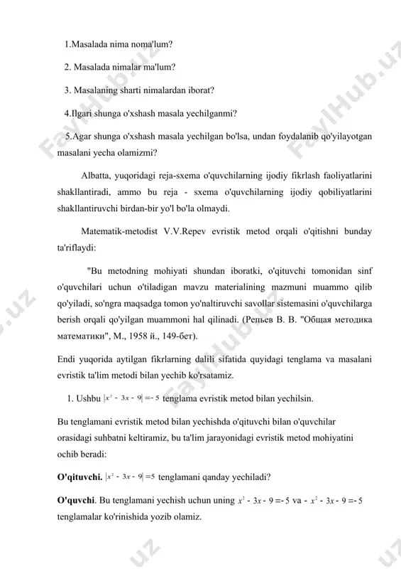 lamalar qanday yechiladi? o'quvchi. , , . o'qituvchi. tenglamani qaysi formuladan foydalanib yechamiz? o'quvchi. tenglama ko'rinishga keladi, bu keltirilgan kvadrat tenglamadir. o'qituvchi. kim aytadi, tenglamaning umumiy yechimi aanday bo'lar edi? o'quvchi. tenglamaning yechimi bo'lar edi. o'qituvchi. tenglamani bu formulaga qanday qilib qo'yamiz? o'quvchi. tenglamada p=-3 va k=-4 ga teng, biz ulami umumiy yechimga qo'ysak, berilgan tenglamaning yechimini topgan bo'lamiz: o'qituvchi. tenglama qanday yechiladi? o'quvchi. o'qituvchi. endi nima qilamiz? o'quvchi. o'xshash hadlarini ixchamlaymiz: o'qituvchi. noma'lum x oldidan manfiy ishorani musbat qilish uchun nima qilamiz? o'quvchi. tenglikni har ikkaia tomonini (-1) ga ko'paytiramiz: , .bu tenglama ham yuqoridagi kabi yechiladi: ii. endi quyidagi masalani evristik metod bilan yechamiz. masala. oralaridagi masofa 60 km bo'lgan a nuqtadan в nuqtaga bir vaqtda ikki velosipedchi jo'nadi. ular bir vaqtda в punktga kelishlari kerak edi. birinchi velosipedchi esa har soatda 2 km kam yurgani uchun bir soat kech keldi. har bir velosipedchi soatiga necha km yurgan? …