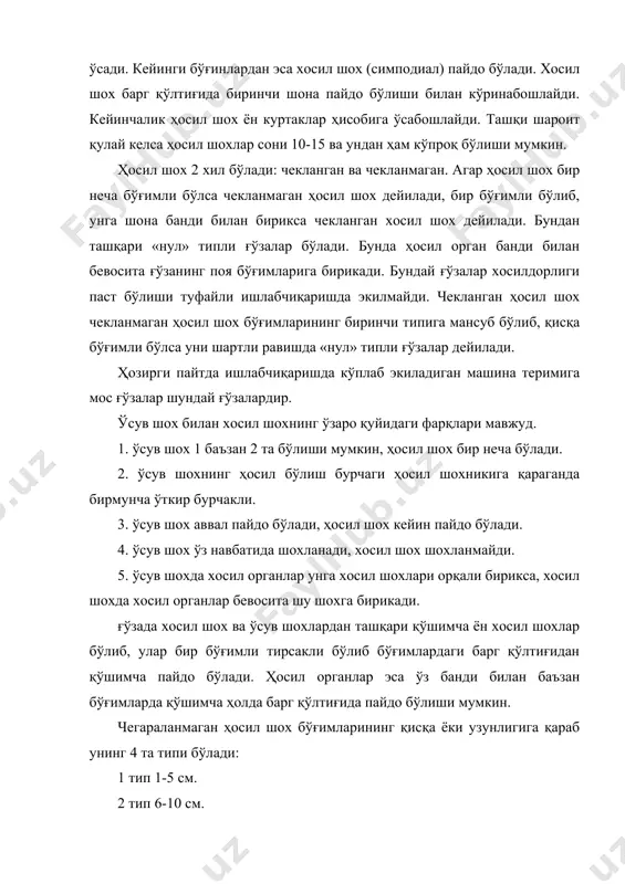 утун кейингилари кертикли бўлади. барг шапалоғи 3, 5, 7 кертикли бўлганлигидан улар симметрик шаклда кўринади. базан битта ўсимликнинг ўзида жуфт сонли 2, 4, 6, 8 кертикли барглар учраши мумкин. ғўзанинг ицалган тур ва навидан 2-тадан 8 гача кертикли баргларни топиш мумкин. ғўза барги бутун ёки кертикли бўлишидан қатъий назар у юраксимон бўлади. битта барг шонолоқининг сатхи 4 см2 дан 400 см2 гача бўлиши мумкин. барг бандининг юқори қисмидан томир бўғими деб аталувчи жойидан ҳар бир кертикли томир ўтади, улардан 2,3 тартиб томирчалар чиқади. биринчи тартиб томирлар сони 7-9 баъзан 11-12 та бўлади. бир ўсимликдаги барг сатхининг умумий йиғиндиси 2,5 минг см2 дан 9 минг см2 гача бўлиши мумкин. бу ҳолат ғўза тури, чекланган ва чекланмаган типда ва бошқаларга боғлиқ бўлиши мумкин. баргнинг ҳар 1 мм2 сатҳида устки томонида 115-128 оғизча, орқа-пастки томонида 245-250 тагача оғизча бўлиши мумкин. ғўза гули. ғўза гули икки жинсли, гул органлари бешта доира бўйича жойлашиб, қуйидаги …