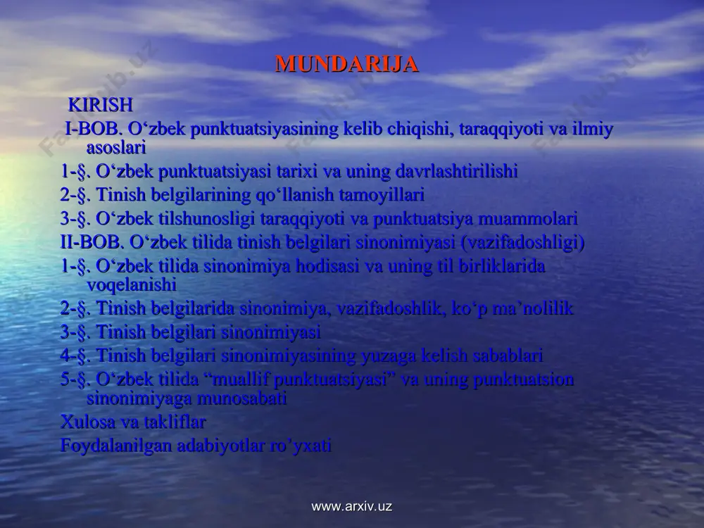 so‘zlar, balki qo‘shimchalar, turg‘un birikmalar, sintaktik qurilmalar, hatto tinish belgilarida ham kuzatiladi. ushbu hodisalarning aksariyati tilshunosligimizda atroflicha o‘rganilgan. biroq tinish belgilari sinonimiyasi hozirga qadar maxsus tadqiq etilmagan. bmi mavzusining ushbu muammolarga bag‘ishlanganligi ishning dolzarbligini belgilaydi. www.arxiv.uz www.arxiv.uz muammoning o‘rganilganlik darajasi. o‘zbek tilida sinonimiya an’anaviy usullarda ham zamonaviy usullarda ham chuqur o‘rganilgan sohadir. xususan, u.tursunov, a.g‘ulomov, g‘.abdurahmonov, a.hojiyev, sh.rahmatullayev va boshqalar o‘zbek tilida sinonimiya hodisasini an’anaviy usullarda o‘rganib tamal toshlarini qo‘yishgan bo‘lsa, keyinchalik a.nurmonov, h.ne'matov, r.rasulov va boshqalar yangicha usul – sistemaviy tadqiq yo‘nalishida o‘rgandilar. punktuatsiya sohasida chuqur izlanishlar olib borgan k.nazarovning b.egamberdiyev bilan hamkorlikda yozilgan “o‘zbek tili ishora-imlo qoidalari” kitobida ilk marotaba ishoraviy sinonimiya, ishoraviy polisemiya (ko‘p ma’nolilik), ishoraviy omonimiya terminlarini qo‘llaydi www.arxiv.uz www.arxiv.uz bmining maqsad va vazifalari malakaviy ishda o‘zbek tilida tinish belgilari vazifadoshligi (sinonimiyasi)ni asoslash, uning kelib chiqish sabablarini yoritish maqsad qilib olingan bo‘lib, ushbu maqsadga erishish quyidagi vazifalarni bajarishni talab qiladi: o‘zbek punktuatsiyasi tarixi va uni davrlashtirilishini …
