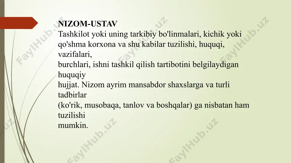 proq ma'lum bir tarmoq, sohalar, yirik muassasalar bo'yicha tuziladi. chunonchi, davlat nashriyotlari bo'yicha namunaviy ustav qabul qilingan, shu asosda har bir nashriyot o'z nizomini qabul qiladi. ustavning zaruriy qismlari nizomning zaruriy qismlariga o'xshash bo'ladi. lekin ustavning mazmun qismida moliyaviy va moddiy bazalari, hisobot berish, taftish organlari ishlari tartiboti va shu kabilar ko'rsatiladi. tarmoq (soha)ning o'ziga xos xususiyatidan kelib chiqib, uning ustavida qo'shimcha qismlar ham bo'lishi mumkin. masalan, aksiyadorlik jamiyatlari ustavida a'zolik haqidagi qoida, ya'ni aksiyadorlik jamiyatiga a'zo bo'lish, undan chiqish yoki chiqarish kabi qoidalar bo'ladi. tasdiqlayman o'zbekiston respublikasi prezidenti administratsiyasi huzuridagi axborot va ommaviy kommunikatsiyalar agentligi bosh direktori (imzo toshkent shahri shayxontohur tumani hokimligining 20 -yil « » dagi «000/0»-sonli qaroriga binoan ro'yxatga olingan o'zbekiston milliy ensiklopediyasi» davlatilmiy nashriyotining nizomi i. umumiy qoidalar 1.1. «o'zbekiston milliy ensiklopediyasi» davlat ilmiy nashriyoti o'zbekiston respublikasi vazirlar mahkamasining 1997-yil 20-martdagi 154-sonli qarori bilan tashkil etilgan. mazkur nashriyot o'zbekiston respublikasi prezidenti administratsiyasi huzuridagi axborot va …
