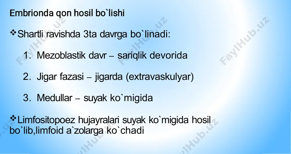 ) yadro zich, bo`linmaydi bosqich oxirida yadro itarib chiqariladi retikulotsitlar yadrosi yo`q sitoplazmasi donado(qari mitoxondryalar va ribosoma qoldiqlari hisobiga) romanovskiy usulida yetuk eritrotsitdek ko`rinadi eritrotsitlar yadrosi yo`q donador-to`rsimon ko`rinish yo`qolib ketgan eritrotsitopoez yoki qizil qon tanachalarining taraqqiyoti qizil qon tanachalari yoki eritrotsitlar voyaga yetgan organizmda qizil suyak ko’migida taraqqiy etadi. ular uchun barcha qon hujayralari kabi, boshlang’ich hujayra bo’lib, o’zak hujayrasi hisoblanadi. trombositopoez trombotsitlar yoki qon plastinkalarining hosil bo’lishi suyak ko‘migida amalga oshadi. 1906- yildayoq obrazsov va rayt qon plastinkalari suyak ko‘migidagi gigant hujayralar — megakariotsitlar sitoplazmasining bo’laklari ekanligini aytib o‘tgan edilar.  o`lchami kattalashgan sintez jadal sitoplazamasida azuroﬁl donadorlik bor(nosptsiﬁk granulalar hisobiga) spetsiﬁk granulalar yo`q (shuning uchun 3ta turi farqlanmaydi) yumaloq yadroli bo`linish xususiyati bor monotsitlar makrofag hujayralarining ilk bosqichi bo’lib, suyak ko‘migidagi o ‘zak hujayralardan rivojlanadi. monotsitopoez quyidagi hujayra bosqichlarini bosib o‘tadi: o ‘zak hujayra -> miyelopoezning boshlang ’ich hujayrasi -> monoblast -> promonotsit -> monotsit (qonda) to …