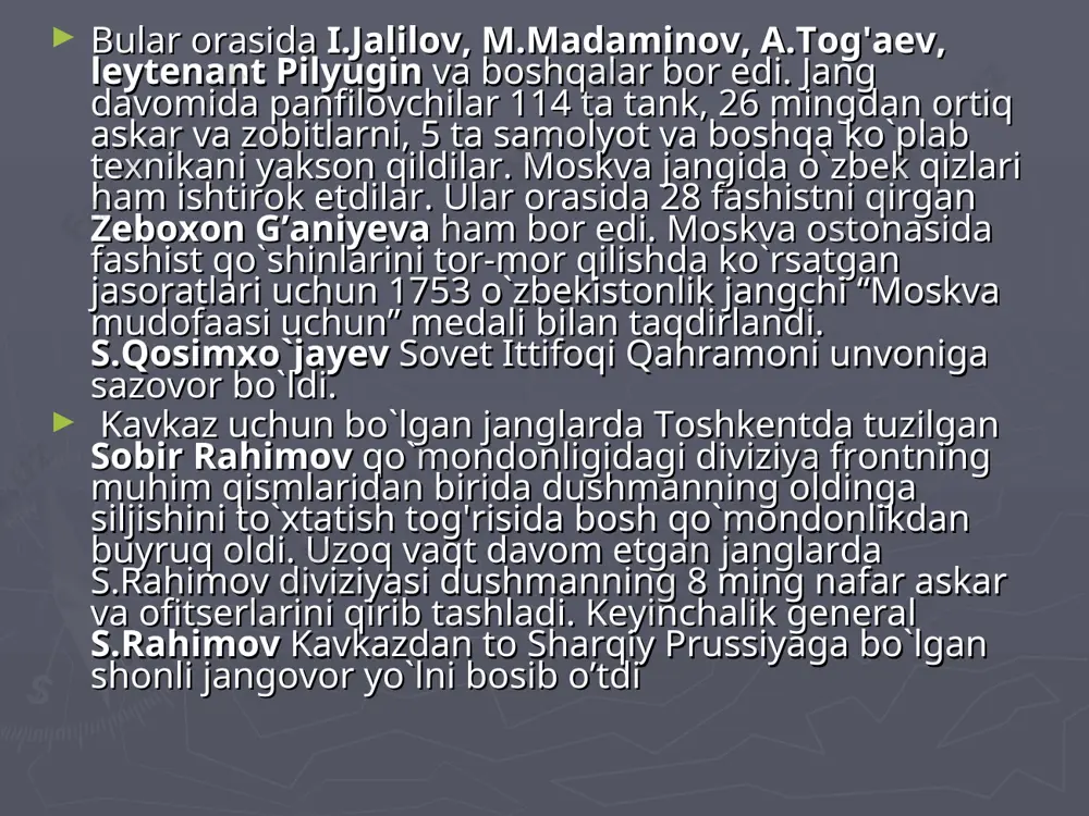 shgan hududni, 61ta mamlakatni o’z ichiga qamrab oldi. ikkinchi jahon urushini angliya, franstiya va sssr kabi yirik davlatlar o’rtasidagi ixtiloflar xususan, paydo bo’lgan dastlabki damlaridanoq tashqi siyosat strategiyasi «jahon proletar inqilobi» mafkurasiga tayanib, butunjahon kommunist) imperiyasini tuzishga qaratilgan sovet davlati hamda germaniya va yaponiya kabi agressiv kuchlarining dunyoda hukmron bo’lish uchun intilishlari keltirib chiqardi. urushning asosiy aybdorlari jaxrnga xukmronlt qilish da’vosi bilan maydonga chiqqan adolf gitler va iosif stalin yurgizgan agressiv siyosat bo’ldi. franstiya va angliya siyosiy etakchilarining javobgarligi shundan iborat bo’ldiki, ular bolshevizm xavfiga qarshi turuvchi kuchni tashkil qilish goyasi bilan germaniyada gitlerchilar partiyasining mustah kamlashuviga yordam beribgina qolmasdan, avstriyanish germaniya tarkibiga qo’shib olinishiga (1938 y. mart) va myunxen bitishuviga (1938 y. sentyabr) yo’l ochib ber dilar. bu esa, ikkinchi jahon urushining boshlanishi uchun asos bo’lib xizmat qildi. _30-yillar oxirlarida xalqaro keskinlikning va ikkinchi jahon urushining boshlanishida stalin boshliq sovet rahbarlari kapitalistlarni o’zaro urishtirib, ularning kuchi kamayishi bilan kizil …