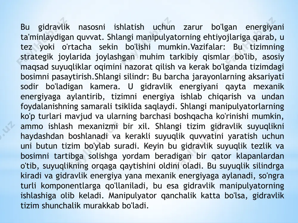 vatli gidravlik nasosga ega bo'lgan gidravlik gaz kelebeğini boshqarish aktuatorlari deb ataladi, uchinchisi esa volumetrik boshqaruv gidravlik aktuator deb ataladi.kelajakda soddalik uchun "elektrogidravlik haydovchi" atamasi "gidravlik haydovchi" atamasi bilan almashtiriladi.mavjud prlarda birinchi ikkita sxema asosan qo'llaniladi, uchinchisi esa amalda qo'llanilmaydi.zamonaviy o'ta og'ir yuk ko'tarish qobiliyatiga ega samolyotlar uchun yuk ko'tarish qobiliyatining o'lik vaznga nisbati taxminan 0,5 ni tashkil qiladi. yuk ko'tarish qobiliyati pasayganda, bu nisbat 0,03 ga tushadi.og'ir yuk prlar uchun bu nisbat taxminan 0,1 ni tashkil qiladi. shuning uchun bunday robotlarda gidravlik haydovchiga tushadigan inertial yuklar foydali yukning inertsiyasidan taxminan 10 baravar ko'p bo'lishi mumkin . shlangi drayvlar bilan prlar yopiq analog va raqamli dasturlarni boshqarish tizimlaridan foydalanadi - kontur va pozitsion. ba'zi robotlar dasturni boshqarish tizimining ikkala versiyasidan foydalanadilar - kontur va pozitsion. shlangi qo'zg'aysanli pozitsiyani boshqarish tizimlari g'altakning klapanlarini loyihalashda o'ziga xos xususiyatga ega - joylashishni aniqlash paytida haydovchining harakatlanuvchi qismlarini silliq to'xtashini ta'minlash uchun g'altak bo'ylab …