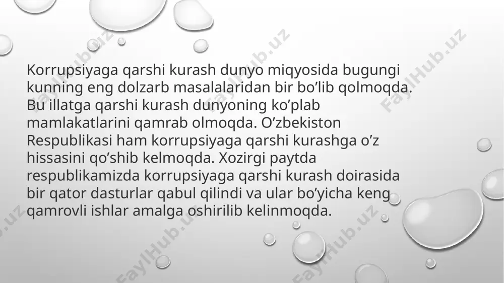 cha faoliyatni amalga oshiruvchi va unda ishtirok etuvchi boshqa organlar hamda tashkilotlar bilan hamkorlik qiladi; korrupsiyaga qarshi kurashish sohasida xalqaro hamkorlikni amalga oshiradi. o‘zbekiston respublikasi milliy xavfsizlik xizmati qonun hujjatlariga muvofiq boshqa vakolatlarni ham amalga oshirishi mumkin. normativ-huquqiy hujjatlarning va ular loyihalarining korrupsiyaga qarshi ekspertizasi: korrupsiyaga oid huquqbuzarliklarni sodir etish imkoniyatini yaratadigan, korrupsiyaga sabab bo‘ladigan omillarni aniqlashga; korrupsiyaga oid huquqbuzarliklarni sodir etish imkoniyatini yaratadigan loyihani qabul qilish oqibatlarini umumiy baholashga; normativ-huquqiy hujjatlarni qo‘llash jarayonida korrupsiya xususiyatiga ega xavflarning yuzaga kelishi ehtimolini prognoz qilishga; korrupsiyaga sabab bo‘lgan, aniqlangan omillarni bartaraf etishga qaratilgan tavsiyalarni ishlab chiqishga va choralar ko‘rishga yo‘naltirilgan jarayondan iborat bo‘ladi. normativ-huquqiy hujjatlarning va ular loyihalarining korrupsiyaga qarshi ekspertizasi qonun hujjatlarida belgilangan tartibda davlat organlari va boshqa tashkilotlar tomonidan faoliyatning tegishli yo‘nalishlari bo‘yicha o‘tkaziladi. korrupsiyaga oid huquqbuzarliklarni o‘z vaqtida aniqlash va ularga chek qo‘yishga, korrupsiyaga oid huquqbuzarliklarni sodir etganlik uchun javobgarlikning muqarrarligi prinsipini ta’minlashga doir chora-tadbirlar quyidagilardan iborat: korrupsiyaga qarshi …