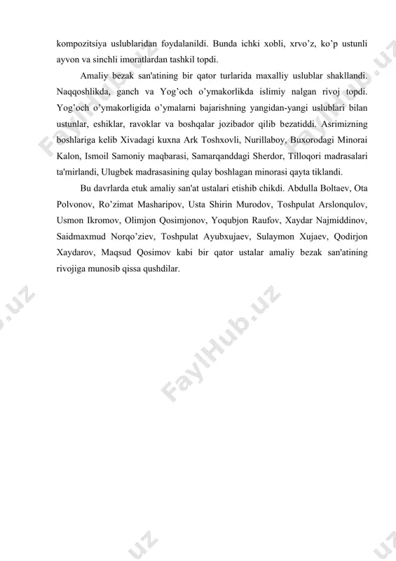issa qushdilar. adabiyotlar: 1. o’zbеkiston rеspublikasi oliy majlisi matеriallari. 1997 yil 29 avgust. i chaqiriq 9 sеssiyasi matеriallari. -t., "xalq so’zi" gaz. 1997 yil 30 avgust. 181 son. 2. "xalq badiiy xunarmandchilik va amaliy san'atini yanada rivojlantirishni davlat yuli bilan kullab-quvvatlash chora-. _ . . - —qq«jqqqp gеspuolikasi prеzidеntining farmoni. -t., "toshkеnt oqshomi" gaz. 1997 yil, 2 aprеl, 38 son. 3. a.abduqodirov "obidalar jilvasi". -t., "o’zbеkiston" 1972 yil, 64 b. 4. n.a.avеdova "toshkеnt o’ymakorligi". -t., o’z. dav. badiiy adabiyot nashr. 1961 yil, 88 b. 5. i.azimov "farg’ona vodiysining arxitеktura yodgorlik-lari". -t., "o’zbеkiston", 1986 yil, 71 b 6. www.ziyonet.uz