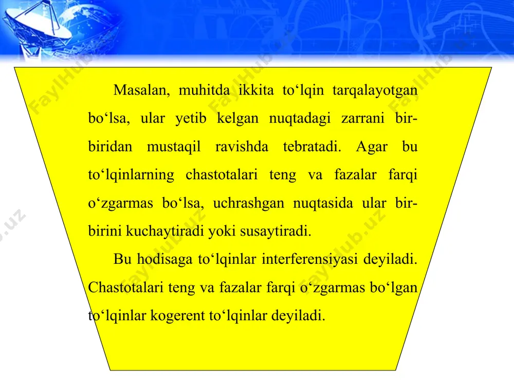 o‘taydi. tirqishning eni a, to‘siq eni b bo‘lsin. u holda a+b=d panjaraning doimiysi yoki davri deyiladi. yorug‘likning difraksion panjaradan o‘tishini qaraylik (4.17-rasm). bunda monoxromatik nur panjara tirqishlari tekisligiga tik tushayotgan bo‘lsin. tirqishdan o‘tgan nurlar difraksiya hodisasi tufayli φ burchakka buriladi. ularni to‘plab, ekranga tushiriladi. ekranda difraksion manzara – qoramtir rangli oraliqlar bilan ajratilgan yorug‘ polosalar qatori ko‘rinadi. bunda panjara doimiysi d, yorug‘likning to‘lqin uzunligi λ, nurning panjarada burilish burchagi φ quyidagi formula yordamida bog‘langan bo‘ladi: bunda: n–difraksion maksimumlarning tartib raqami. agar n=k (k = 0,1,2...) bo‘lsa, nurlar uchrashganda bir-birini kuchaytiradi. bo‘lganda nurlar bir-birini susaytiradi. yorug‘likda kuzatiladigan interferensiya va difraksiya hodisalari uning to‘lqin xususiyatiga ega ekanligini tasdiqlaydi. bu hodisalardan texnikada foydalaniladi. masalan, interferometr deb ataluvchi asbob juda sezgir bo‘lib, u bilan juda kichik burchaklarni aniq o‘lchash, yorug‘likning to‘lqin uzunligini aniqlash, kichkina kesmalarning uzunligini aniqlash, har xil moddalarning nur sindirish ko‘rsatkichini aniqlash, sirtning g‘adir-budurligini tekshirsh va yaltirash darajasini aniqlash mumkin.
