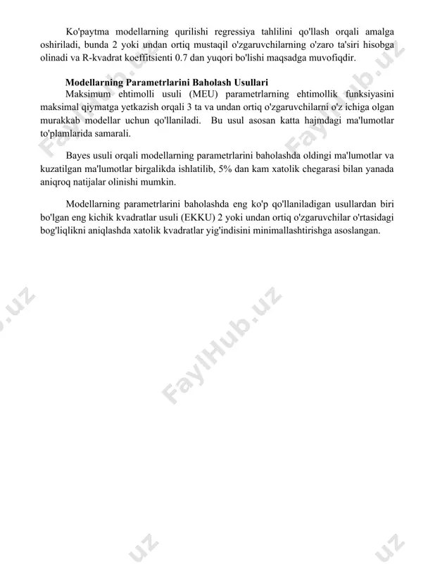 aytma modellarning qurilishi regressiya tahlilini qo'llash orqali amalga oshiriladi, bunda 2 yoki undan ortiq mustaqil o'zgaruvchilarning o'zaro ta'siri hisobga olinadi va r-kvadrat koeffitsienti 0.7 dan yuqori bo'lishi maqsadga muvofiqdir. modellarning parametrlarini baholash usullari maksimum ehtimolli usuli (meu) parametrlarning ehtimollik funksiyasini maksimal qiymatga yetkazish orqali 3 ta va undan ortiq o'zgaruvchilarni o'z ichiga olgan murakkab modellar uchun qo'llaniladi. bu usul asosan katta hajmdagi ma'lumotlar to'plamlarida samarali. bayes usuli orqali modellarning parametrlarini baholashda oldingi ma'lumotlar va kuzatilgan ma'lumotlar birgalikda ishlatilib, 5% dan kam xatolik chegarasi bilan yanada aniqroq natijalar olinishi mumkin. modellarning parametrlarini baholashda eng ko'p qo'llaniladigan usullardan biri bo'lgan eng kichik kvadratlar usuli (ekku) 2 yoki undan ortiq o'zgaruvchilar o'rtasidagi bog'liqlikni aniqlashda xatolik kvadratlar yig'indisini minimallashtirishga asoslangan. 📌xulosa qo`shiluvchi va ko`paytma ekonometrik modellarning qurilishi iqtisodiy munosabatlarni tahlil qilishda turli xil yondashuvlarni qo`llash imkonini beradi, bu esa aniqroq natijalarga olib keladi. 📚foydalanilgan adabiyotlar 1. wooldridge, j. m. (2010). econometric analysis of cross …