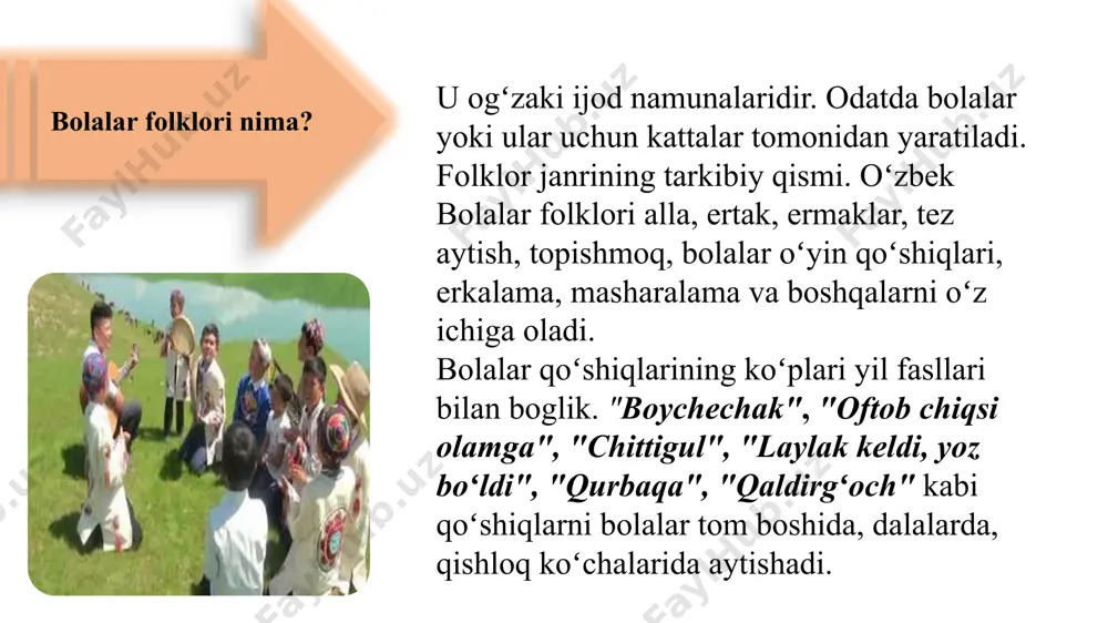 ’shiqning bu turi ham cholg’usiz mayin orom beruvchi ohang bilan kuylanadi. tibbiyot olamining allomasi abu ali ibn sino o‘zining «tib qonunlari» asarining 1-kitobida shunday yozadi: «bolaning mizojini kuchaytirmoq uchun unga ikki narsani qo‘llamoq kerak. biri bolani sekin-sekin tebratish, ikkinchisi, uni uxlatish uchun odat bo‘lib qolgan musiqa va ashuladir. shu ikkisini kabul qilish miqdoriga qarab bolaning tanasi bilan badan tarbiyaga va ruhi bilan musiqaga bo‘lgan iste’dodi hosil qilinadi». bobokalonlarimiz-ning alla ga bo‘lgan munosabati… tol ichinda tanlab olgan, tol chovkonim bolam, alla. gul ichinda iskab olgan, guli rayhonim, bolam, alla. yo‘lbarslarday yuraklim, qoplonlarday bilaklim, alla yaxshi-yomon kunimda, menga juda keraklim, alla. alladan parcha… maqol nima? maqol — xalq ogʻzaki ijodi janri; qisqa va loʻnda, obrazli va obrazsiz, grammatik va mantiqiy tugallangan maʼnoli hikmatli ibora, chuqur mazmunli. muayyan aniq shaklga ega. maqollarda avlod-ajdodlarning hayotiy tajribalari, jamiyatga munosabati, tarixi, ruhiy holati, etik va estetik tuygʻulari, ijobiy fazilatlari mujassamlashgan. asrlar mobaynida xalq orasida sayqallanib, ixcham …