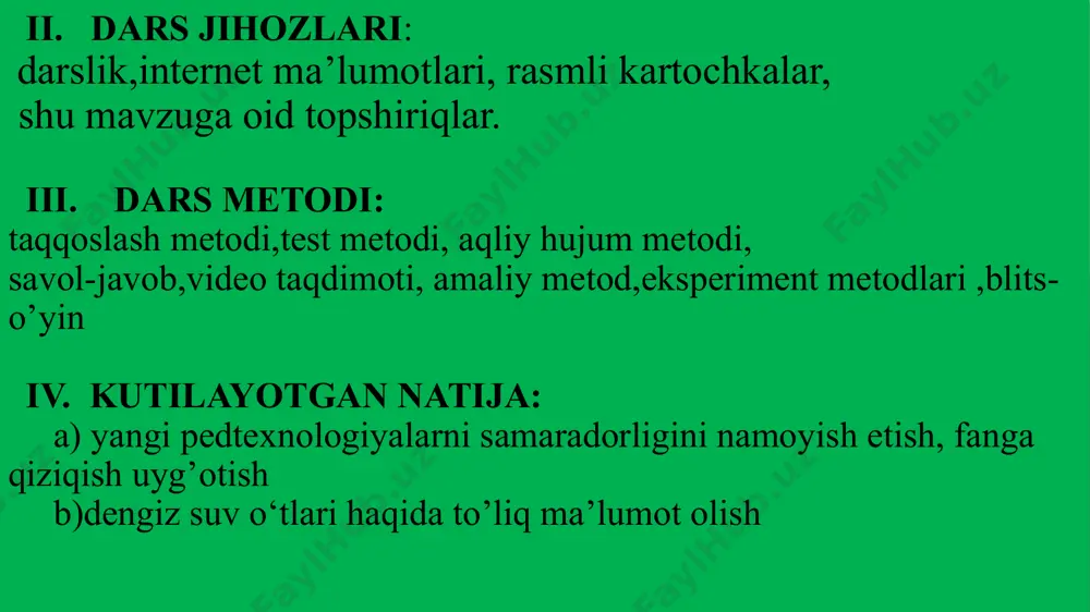 azida joylashgan” a) xara b) ulotriks s) laminariya d) xlomidomonada 2)tuban o’simliklar tanasi qanday ataladi? a)tana b)qattana s)tallom d) b va s 3) suvo’tlarning suv tagidagi narsalarga birikkan hujayrasi nima deb ataladi? a)qartana b)tallom s) rizoid d) xlomidomonada 4)sholipoyalarda keng tarqalgan begona o’t? a)xara b)ulotriks s)kladafora 3-topshiriq: test javoblari 1) quyidagi belgilar qaysi suv o’t uchun xarakterli ? “chuchuk suvda yashaydi, ko’p hujayrali, xromatofori belbog’ shaklida bo’lib, xujayra markazida joylashgan” a) xara b) ulotriks s) laminariya d) xlomidomonada 2)tuban o’simliklar tanasi qanday ataladi? a)tana b)qattana s)tallom d) b va s 3) suvo’tlarning suv tagidagi narsalarga birikkan hujayrasi nima deb ataladi? a)qartana b)tallom s) rizoid d) xlomidomonada 4)sholipoyalarda keng tarqalgan begona o’t? a)xara b)ulotriks s)kladafora ulva oziq ovqat sanoatida ishlatiladi. qo’ng’ir va qizil suv o’tlar qo’ng’ir suvo’tlar xramatoforida xlorofil karotin, ksantofill va jigarrang fukoksantin pigmentlari bor. qizil suvo’tlarda fikoeritin(qizil) pigmenti ham qo’shiladi.ularning qizil pigmenti juda oz quyosh nurini tuta oladi,shuning uchun …