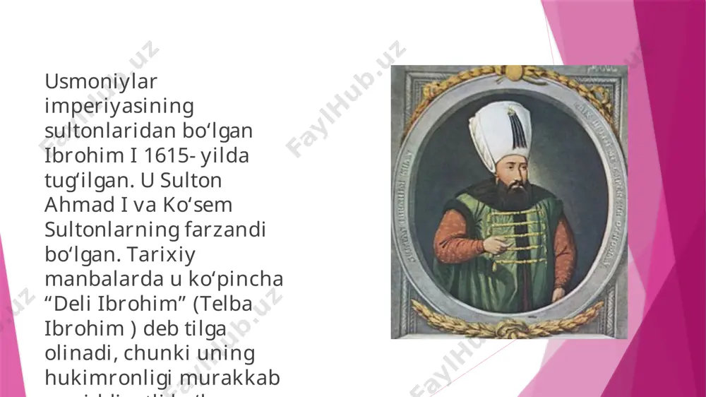 n so'ng qatl qilinadi. uning o'rniga o'g'li mehmed iv taxtga o'tiradi. ibrohimning olti yoshli oʻgʻli mehmed sulton etib tayinlandi. yangi bosh vazir sofu mehmed posho shayx ul-islomdan ibrohimning qatl etilishiga ruxsat beruvchi fatvo soʻrab murojaat qildi. „ikkita xalifaning bittasini oʻldirish kerak“ degan fatvo berilgan. kösem ham unga rozilik berdi. ikki jallod yuborildi: ulardan biri ibrohim davrida xizmat qilgan bosh jallod edi. ibrohim 1648-yil 18-avgustda boʻgʻib oʻldirilgan. uning oʻlimi usmonlilar imperiyasi tarixidagi ikkinchi regitsid edi. e’tiboringiz uchun raxmat !!! image1.jpg image2.jpg image3.jpg image4.jpg image5.jpg image6.jpg image7.jpg image8.jpg /docprops/thumbnail.jpeg