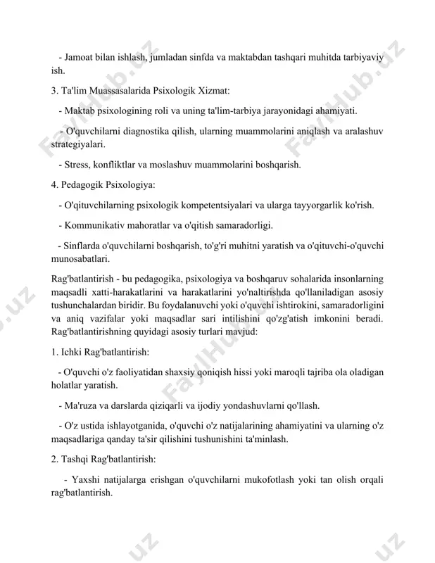 i mavjud: 1. ichki rag'batlantirish: - o'quvchi o'z faoliyatidan shaxsiy qoniqish hissi yoki maroqli tajriba ola oladigan holatlar yaratish. - ma'ruza va darslarda qiziqarli va ijodiy yondashuvlarni qo'llash. - o'z ustida ishlayotganida, o'quvchi o'z natijalarining ahamiyatini va ularning o'z maqsadlariga qanday ta'sir qilishini tushunishini ta'minlash. 2. tashqi rag'batlantirish: - yaxshi natijalarga erishgan o'quvchilarni mukofotlash yoki tan olish orqali rag'batlantirish. - ma'lum bir vazifalarni bajarish uchun moliyaviy yoki moddiy mukofotlar. - ko'rgazmali e'tirof va taqdirlash tadbirlaridan foydalanish. 3. maqsadga yo'naltirilgan rag'batlantirish: - maqsadlarni aniq belgilash va ularga erishish yo'llarida qo'llab-quvvatlash. - o'quvchilarga ularning rejalaridan xabardorlik va ularning faoliyatiga qiziqishni ko'rsatish. - o'quvchilarni o'z maqsadlarini o'zlari belgilashga va ularni amalga oshirishda tashabbus ko'rsatishga jalb qilish. 4. ijobiy kuchaytirish: - o'quvchilarga ijobiy munosabatda bo'lish va ularning yutuqlarini qadrlash. - jonlantiruvchi maqtovlar va ma'ruza vaqtidagi ijobiy baho berish. - yutuq va yaxshi natijalar uchun ijobiy o'zgaruvchilarni qo'llash. 5. salbiy kuchaytirish: - noxush oqibatlarnings oldini …