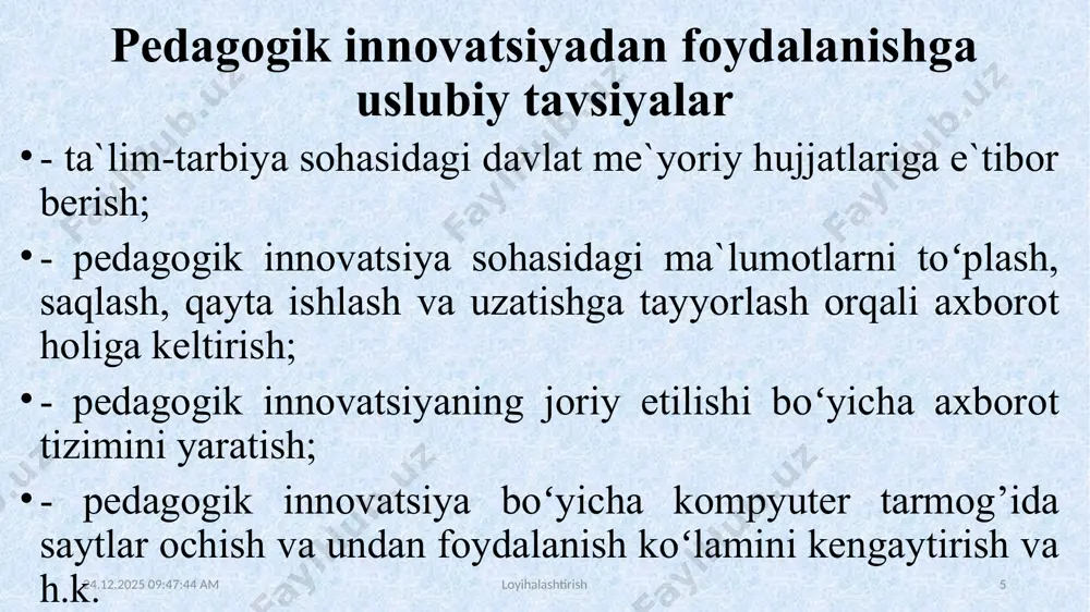 r sohasini egallashga yoʻnaltirilgan harakatlar, usullar majmuasidan iborat. metodologiya – metodlar haqidagi ta`limot. metodologiya muayyan fan uchun ilmiy bilish nazariyasini ifodalovchi ta`limotdir. ta`lim metodikasi – aniq bir oʻquv predmetini oʻqitishga mos qonun, qoida, metod va uslublar majmuasidir. bu ta`lim jarayonida oʻqituvchi va talaba faoliyati uyg’unligini ta`minlovchi pedagogik faoliyatdir. 10.05.2022 20:28:45 loyihalashtirish 14 “texnologiya” – yunoncha ikki soʻzdan – “texnos” (techne) – mahorat, san`at va “logos” (logos) – fan, ta`limot soʻzlaridan tashkil topgan. texnologiya soʻzi zamirida rejalashtirilgan jarayonlarni amalga oshirish usul va vositalari haqidagi bilimlar yig’indisi, shuningdek manbada sodir boʻladigan sifat oʻzgarishlari mujassamlashgan boʻladi. 10.05.2022 20:28:45 loyihalashtirish 15 ta`lim texnologiyalarini tadqiq etishda avvalo, quyidagilarga e`tibor berish lozim - rejalashtirilgan ta`lim texnologiyasiga ijtimoiy - pedagogik asoslar nimalardan iboratligini aniqlash; - ta`lim texnologiyasining jarayon sifatida bosqichma-bosqich amalga oshiriladigan qat`iy ketma-ketligi mavjudmi, ularning funktsional tuzilmasi nimalardan iboratligini belgilash; - bu texnologiya bugungi kun talabiga va jahon ta`limi talablariga mos kelishligini oʻrganib chiqish; - ta`lim …