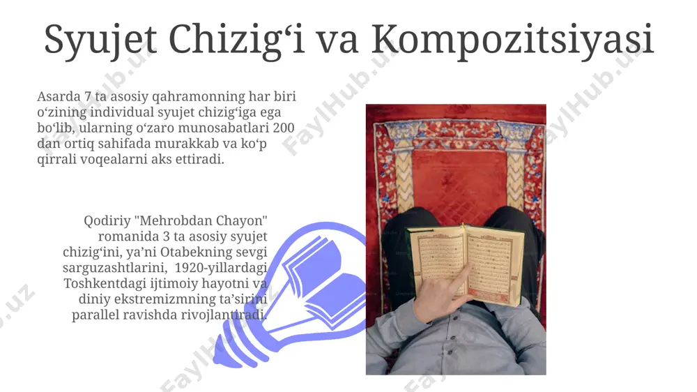 g ochlikdan o‘lishi orqali ko‘rsatib beradi. asarning zamonaviy dolzarbligi qodiriyning "mehrobdan chayon" asari 20-asrning 20-yillarida buxoro shahri voqealarini aks ettirsa-da, zamonaviy o'zbekistonda diniy ekstremizm va taassubchilikka qarshi kurash dolzarbligini ko'rsatadi. asarda tasvirlangan ijtimoiy adolatsizlik, qashshoqlik va ta'limning past darajasi (1920-yillar) hozirgi kundagi ijtimoiy muammolar bilan o'xshashliklarni ochib beradi, rivojlanishning tengsizligi haqida o'ylantiradi. din va ma'naviyat masalalari 01 02 qodiriy "mehrobdan chayon"da 1920-yillardagi turkistondagi diniy va ma'naviy inqirozning 3 ta asosiy sababini – ruslashtirish siyosati, jaholat va taassubni tahlil qiladi. sales 1st qtr 2nd qtr 100 0 sales 1st qtr 2nd qtr 100 0 e'tiboringiz uchun rahmat @taqdimot_robot image4.jpg image5.jpg image6.jpg image7.jpg image8.jpg image9.jpg image10.jpg image11.jpg image12.jpg image13.jpg image14.jpg image15.jpg image1.jpeg image2.jpeg image3.jpeg