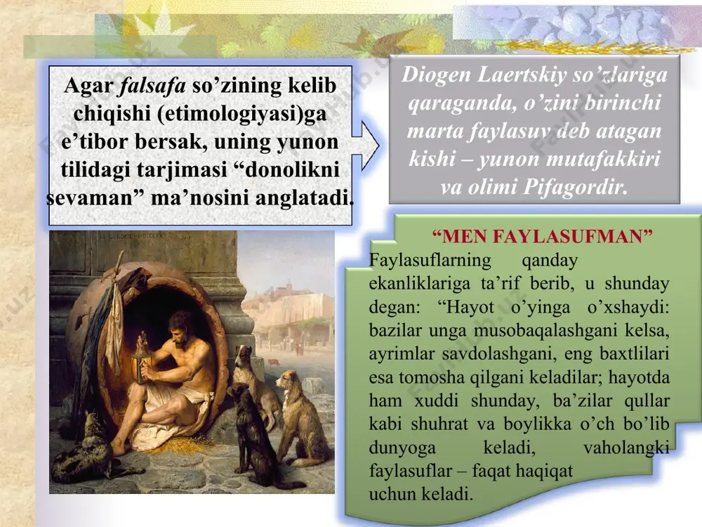 fa real hayot bilan uzviy bog’liq va doim inson borlig’ining eng muhim muammolarini anglab yetishga qarab mo’ljal oladi. hozirgi davrning muhim muammosi – globallashuv va uni falsafadagi butunlay yangi mavzu sifatida falsafiy anglab yetish zarur. falsafa insonni shaxs sifatida tarbiyalash va kamol toptirishda muhim ahamiyatga ega. falsafa faktlarni eslab qolishni o’rgatmasligi, balki mulohaza yuritish va savollarga javob berish qobiliyatini rivojlantirishi lozim. falsafadan saboqlar inson har bir masala yuzasidan mutafakkirlar fikriga murojaat etmasdan, o’zi mustaqil o’ylashni va o’z aqliga quloq solishni o’rganishini nazarda tutmog’i darkor. ayni shu sababli falsafaning vazifasi insonga muloqot qilishni o’rgatish, u o’z shaxsiyatining ahamiyatini ko’rsatishga emas, balki haqiqatning tagiga yetishga harakat qilishiga erishishdan iborat. falsafiy bilimning alohida sohalarin(falsafiy fanlarga)ga: ontologiya (yunoncha ontos-borliq, mavjudlik va logos-ta’limot, yani borliq haqidagi ta’limot yoki borliq nazariyasi.) gnosologiya (yunoncha gnosis-bilim, bilish va logos-nazariya, yani bilish nazariyasi) aksiologiya (yunoncha axios-qadrli va logos-nazariya, yani qadriyatlar nazariyasi) falsafiy antropologiya (yunoncha anthopos-odam va logos-ta’limot yani inson …