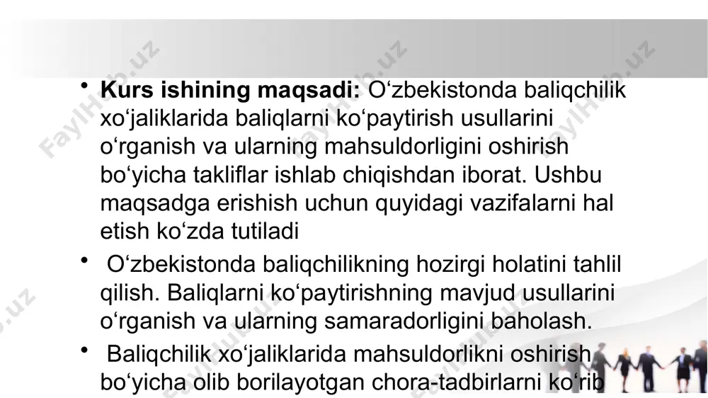 nson kundalik hayotida ahamiyati juda salmoqli, ayniqsa oziq-ovqat maxsulotlari eng ko’p qismi (ba’zi mamlakatlar axolisi uchun qazib hammasini) to’ri keladi. baliqlarning ahamiyati. baliq go’shti va ikrasi xushta’m taom hisoblanadi. ayniqsa osetrsimonlar va losossimonlar go’shti va ikrasi qadrlanadi. jahon bo’yicha har yili 50 mln tonnaga yaqin baliq ovlanadi. baliqlarning asosiy qismi dengizlardan ovlanadi. baliq ovlash uchun maxsus kemalar — traulerlardan foydalaniladi. . baliqchilik sanoati chiqindilaridan chorva mollari uchun baliq uni, qishloq xo’jaligi uchun o’g’it ishlab chiqariladi. baliq moyi farma-tsevtikada vitaminli dori hisoblanadi. o’zbekistonda baliqlar ichki suv havzalaridan ovlanadi. zog’ora, oq amur, oqcha, xumbosh, oq sla, ilonbosh asosiy ovlanadigan baliqlar hisoblanadi.baliqlarni planetamiz bo’yicha iqtisodiy ahamiyati nihoyatda katta. hayvonlardan olinadigan jamiki mahsulotlarning 17 %i baliqlarga to’ri keladi. baliqlardan oziq ovqat maxsulotlaridan tashqari ular qoldiqlardan hayvonlarga berish uchun “baliq uni” tayyorlanadi. ko’pgina turlari jigaridan (treskasimonlar, akulalar) shifobaxsh va texnik baliq yoi olinadi. tangalaridan sun’iy sadaf olinadi. xulosa. baliqchilik tarmog‘i bugungi kunda nafaqat oziq-ovqat xavfsizligini …