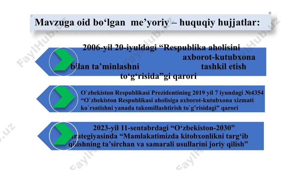 rim darslari kutubxonada o‘tiladi. (yaponiya) kitob o‘qish ko‘nikmalarini shakllantirish maqsadida maktablarda, sinflar kesimida o‘quvchilar uchun majburiy o‘qishi kerak bo‘lgan kitoblar katalogini joriy etish. hamda haftada 1 soat dars jadvaliga kitobxonlik darsini kiritish qiyosiy tahlil etilganligi xulosa xulosa qilib aytganda, maktabda jamoa bilan birgalikda yangi chora-tadbirlar asosida tizimni yo‘lga qo‘yish. oldinga qo‘yilgan maqsad sari nafaqat jamoa balki mahalla va tadbirkorlar bilan hamkorlikda kutubxona bazasi va kerakli adabiyotlar ro‘yhatini shakllantirish. fan o‘qituvchilarining bilim salohiyatini ko‘tarish orqali o‘quvchilarning kutubxona bilan ishlash, kitob mutolasini yo‘lga qo‘yishga, doimiy kutubxona bilan birga ishlashga zamin yaratadi. shularni amalga oshirgan holda maktabda kutubxona rahbari ish faoliyati samaradorligini oshiraman. chora-tadbirlar rejasi t/r muammo muammoning yechimini amalga oshirish mexanizmi mas’ullar muddati natija 1. maktabda oliy malumotli kutubxona rahbari bilan taminlash. oliy talim muassasalari bilan hamkorlikta ishni yo‘lga qo‘yish maktab direktori 1 yil maktabda o‘z ishini biladigan mutaxassis bilan taminlanadi 2. kutubxona rahbariga madaniy va ta’lim olish ehtiyojlarini qanoatlantirish uchun shart-sharoitlar …