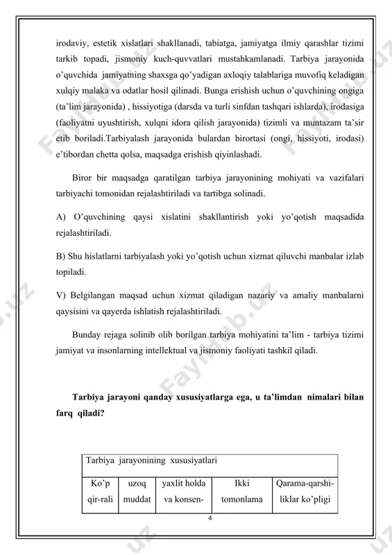 ilan uni bajarish imkoniyatlari o’rtasidagi kurashlarda namoyon bo’ladi. jamiyat taraqqiyotida tarbiya jarayonining qanday o’rni bor? tarbiya jarayonining jamiyat taraqqiyotidagi roli nihoyatda beqiyosdir. mutafakkir olim abu nosir forobiy ta’lim - tarbiyaning asosiy vazifasi jamiyat talablariga javob bera oladigan va shu jamiyat uchun xizmat qiladigan yetuk insonni tarbiyalashdan iborat deb biladi. jamiyat taraqqiyotida muhim o’rin egallagan insonni tarbiyalash, uni bilim olishga, mehnat qilishga undash va bu hatti harakatini sekin - asta ko’nikmaga aylantirib borish lozim. insonning mushohada qilishi qobiliyatni tarbiyalaydi va aqlni peshlaydi. aql ongni saqlaydi. ong esa moddiy va ma’naviy manbaga aylanadi. shu tarzda inson asta - sekin takomillashib, komillikka erishib boradi. ammo buning uchun tarbiyachi va tarbiyalanuvchilardan uzoq davom etadigan mas’uliyat, sharafli mehnat va qunt, irodani talab etadi. bunda tarbiyachi bolalarning yosh xususiyatini e’tiborga olishi zarur. tarbiyaning samarali bo’lishi nimalarga bog’liq? ma’naviy va insoniy sifatlarning shakllanishida oiladagi, atrofdagi, jamiyatdagi muhit va munosabat muhim o’rin egallaydi. bolalarni taqlidchanlik xususiyati mavjudligi tufayli …