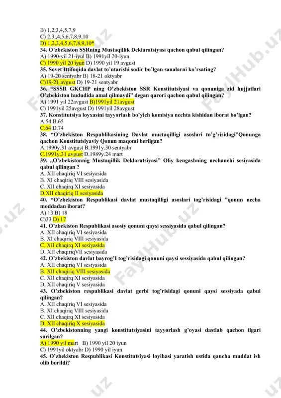 i jon boshiga yalpi ijtimoiy mahsulot ishlab chiqarish bo‘yicha ittifoqdosh respublikalar orasida o’zbekiston nechanchi o’rinni egalladi? a) 12-o‘rinni b) 10-o‘rinni c) 8-o‘rinni d) 5-o‘rinni 30. 1991 yil 29 dekabr kuni bo‘lib o‘tgan referendumda 9 million 898 ming 707 kishi yoki saylov ro‘yxatiga kiritilganlarning 94,1 % qatnashdi. ularning qancha foizi referendumda qo‘yilgan savol ya’ni o’zbekiston respublikasining davlat mustaqilligini ma’qullab ovoz berdi? a) 89,5 % i b) 98,2 % i c) 92,2 % i d) 86,6 % i test 31. 1991-2016-yillar davomida amalga oshirilgan islohotlar berilgan javobni toping? 1) ijtimoiy yo’naltirilgan bozor iqtisodiyotiga o’tildi 2) demokratik an’analarga asoslangan davlat boshqaruvi 3)fuqarolik jamiyati asoslari yaratildi 4)kafolatlangan xafsizlik joriy qilindi 5) qatiy tartib intizom va tanqidiy tahlil a) 1,2,3 b) 1,3,5 c)1,2,3,4,5 d)1,2,3,5 32.o’zbekistonda qachondan boshlab faol demokratik yangilanish va moderniztsiyalash jarayoni kuzatildi? a) 2010 yildan b) 2017yildan c)*2000yildan d) 2002yildan 33. bugungi kundagi hayotimizdagi yangi iboralar berilgan qatorni toping? 1) xalq bilan muloqot …