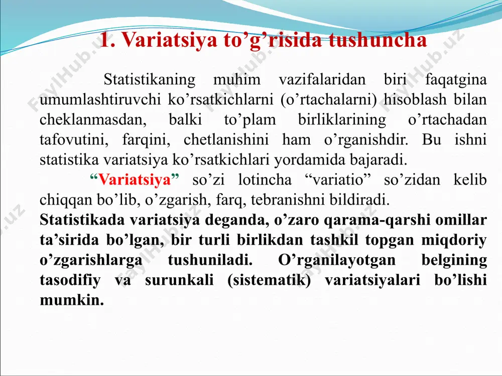 asini hisoblaymiz. n o’lchamli tanlama to’plam uchun tanlama to’plam dispersiyasi o’rtachadan chetlanishlar kvadrati yig’indisining ( n - 1) ga nisbatiga teng. tanlama to’plam dispersiyasi ifodalash uchun s 2 belgisidan foydalaniladi. tanlama to’plam dispersiyasi uchun formula : 2211niixxsn e’tibor bering:s 2 hisoblash uchun qisqa formula: 221211niniiixxnsn 1-jadvaldagi ikkita to’plamga nazar tashlab, siz 1 -tanlama to’plam uchun dispersiyani quyidagicha hisoblashingiz mumkin : 1-jadvaldagi ikkita to’plamga nazar tashlab, siz 1 -tanlama to’plam uchun dispersiyani quyidagicha hisoblashingiz mumkin : 222222(13)(23)(33)(43)(53)51410142.54s ma’lumotlar variatsiyasining ma’noga ega o’lchovini topishdagi ikkinchi qadam – bu ma’lumotlar qatorining standart chetlanishini hisoblashdir. tanlama to’plamning standart chetlanishi ,s, tanlama to’plam dispersiyasi s 2 ning musbat ildizi sifatida aniqlanadi yoki matematik jihatdan , 2ss σ 2 (sigma kvadrat) belgisi bilan belgilanadigan bosh to’plam dispersiyasi to’plamdagi barcha birliklarning o’rtacha, µ dan kvadrat chetlanishlarining o’rtachasidir va σ (sigma) esa ushbu miqdorning kvadrat ildizidir. dispersiya va standart chetlanish uchun belgilar s 2 =tanlama to’plam dispersiyasi s=tanlama …