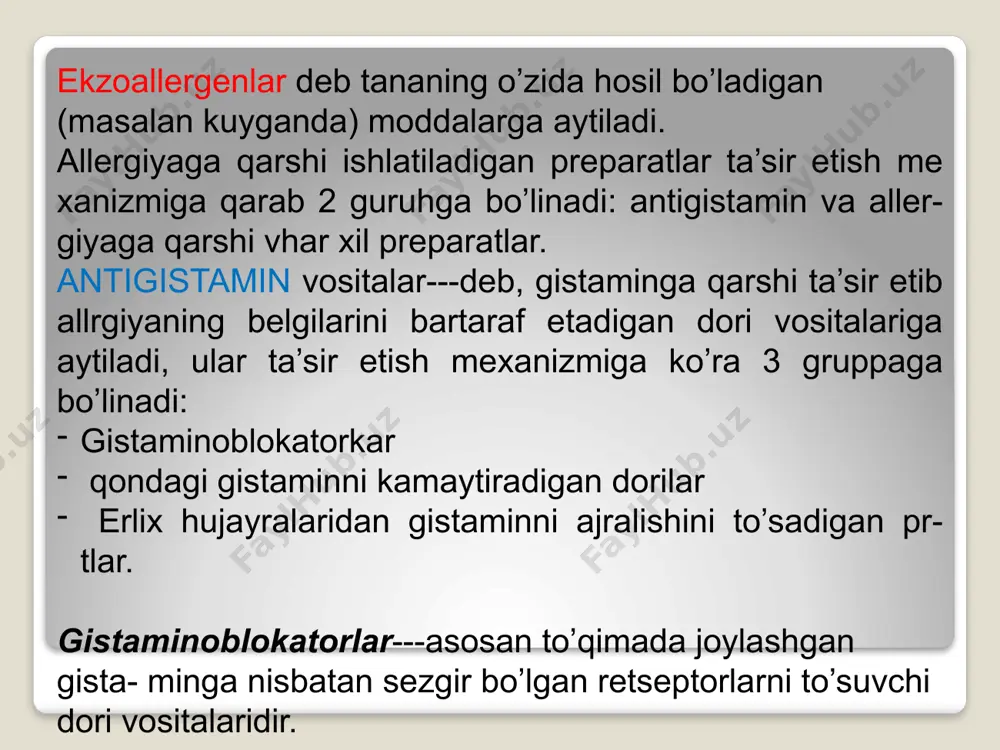 bemor qonini nazorat qilib turish zarur. chunki ayrim hollarda leykopeniya ro’y berishi mumkin. bundan tashqari bosh aylanishi, charchash kuzatiladi. ushbu noxush holatlar yuz bersa, preparatni berish to’xta- tiladi. shuning uchun ham, simetidin keyingi paytda deyarli ishlatilmaydi. asorati kam bo’lgani uchun asosan famotidin ko’proq ishlatiladi. ikkinchi guruhga qarashli-(qondagi gistaminni kamaytiruvchilar )preparat gistoglobulin hisoblanadi. u o’z tarkibida juda kichik miqdorda (0,1 mkg) globulin bilan bog’langan gistamin saqlaydi. shu sababdan qondagi gistaminga qarshi antitana ishlab chiqarilishini ta’minlaydi va allergik o’zgarishlarni kamaytiradi. gistoglobulin ampulalarda (3ml) chiqariladi va in’eksiya qilinadi. uchinchi guruh kiruvchi dori vositalari erlix hujayralarida granulatsiyani buzib, ulardan gistamin va yal- lig’lanishga sababchi bo’lgan moddalarni (bradikinin, serotonin va b) ajralib chiqishiga yo’l qo’ymaydi. bunday xususiyatli preparatlarga kromolin-natriy, ketotifenlar kiradi. kromolin-natriy ingalatsiya –havo yo’llari bilan yuborishga mo’ljallangan bo’lib,asosan bronxial astma xurujining oldini olish maqsadida qo’llaniladi. astma xuruji davrida deyarli samarasiz. allergiyaga qarshi har xil vositalar. allergiyaga chalingan bemorlarni davolashda h1-gistami- noblokatorlardan tashqari , har …