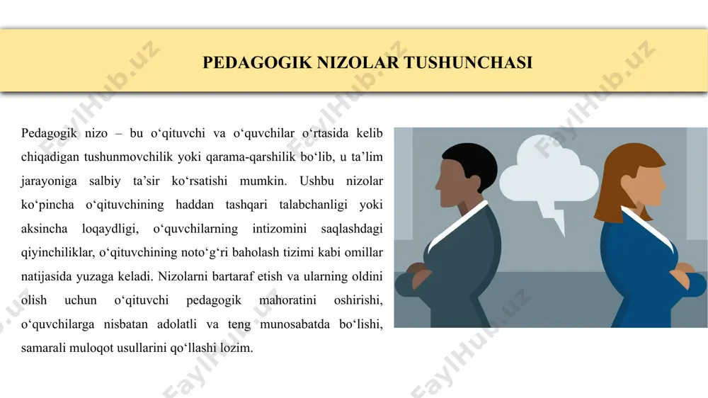 hilar berilgan vazifalarni bajara olmasligi yoki ularning ahamiyatini tushunmasligi nizolarga sabab bo‘lishi mumkin. o‘qituvchining o‘quvchilarga nisbatan noto‘g‘ri yondashuvi. adolatsiz baholash, individual yondashuvning yo‘qligi yoki haddan tashqari talabchanlik o‘quvchilarning noroziligiga olib keladi. sinfda tartib va intizomning buzilishi. ba’zi hollarda sinf jamoasi ichidagi nizolar, e’tiborsizlik yoki shovqin o‘qituvchi va o‘quvchilar o‘rtasidagi kelishmovchiliklarni keltirib chiqaradi. o‘quvchilarning shaxsiy muammolari va stress holatlari. uy sharoitidagi muammolar, do‘stlar bilan kelishmovchiliklar yoki boshqa shaxsiy omillar o‘quvchilarning dars jarayonidagi faoliyatiga ta’sir qilishi va nizolarni keltirib chiqarishi mumkin. ushbu omillarni bartaraf etish uchun o‘qituvchi o‘quvchilar bilan do‘stona va ochiq muloqot olib borishi, individual yondashuvdan foydalanishi hamda sinfda sog‘lom psixologik muhit yaratishga harakat qilishi lozim. nizolar va kamchiliklarning ta’siri pedagogik nizolar va muloqotdagi kamchiliklar ta’lim jarayoniga salbiy ta’sir qiladi. o‘quvchilarning o‘qishga bo‘lgan qiziqishi pasayib, sinfda ishonch va hurmat susayadi. o‘qituvchi va o‘quvchilar o‘rtasidagi hamkorlik yomonlashib, ta’lim jarayonining samaradorligi kamayadi. bunday muammolarni oldini olish uchun o‘qituvchi adolatli va ochiq muloqot olib …
