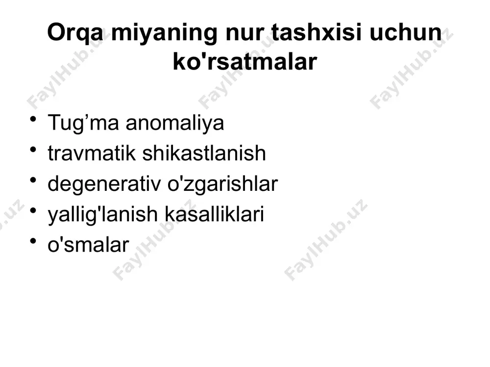 ubaraxnoidal gematoma qon subaraxnoid bo'shliqda va ehtimol miya qorinchalarida ikkilamchi vazospazm sagda o'limning asosiy sababidir rentgenologik belgilar: o'tkir bosqich uchun kt o’tkir osti va surunkali bosqichlar uchun mri giperdens likvor qorinchalardagi suyuqlik-suyuqlik darajasi miya kontuziyasi lokalizatsiya oldingi temporal bo’laklar (50%) frontal bo’laklarning bazal qismlari (30%) miya stvoli vaqt o'tishi bilan rasm o'zgaradi: birinchi navbatda kompyuter tomografiyasi normal, keyin qon ketishi bilan o’zgargan joylar miya shishi vazogenik (jarohatlanganda darhol rivojlanadi) oq modda ishtirok etadi sitogen (bir necha soat ichida rivojlanadi) kulrang modda ishtirok etadi o’qab (insult) bu miyaning tez rivojlanayotgan fokal yoki global disfunktsiyasi bo'lib, 24 soatdan ortiq davom etadigan yoki kasallikning boshqa genezisi (jsst ta'rifi) chiqarib tashlansa, o'limga olib keladi. ishemik insult (o'tkir serebrovaskulyar etishmovchilik, miya infarkti) miya qon aylanishining o'tkir buzilishi, miya to'qimalarining shikastlanishi va qon ta'minotining yetarli emasligi, miya tomirlarining trombozi yoki emboliyasi tufayli uning funktsiyalarining buzilishi. diagnostika usullari - kompyuter tomografiyasi, magnit-rezonans tomografiya kompyuter tomografiyasi. ishemik insult. …