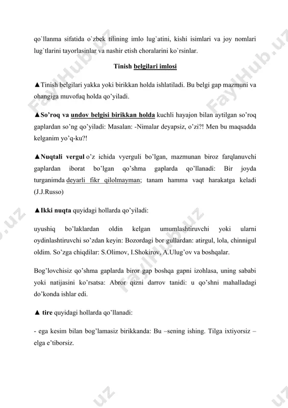 lardan oldin kelgan umumlashtiruvchi yoki ularni oydinlashtiruvchi so’zdan keyin: bozordagi bor gullardan: atirgul, lola, chinnigul oldim. so’zga chiqdilar: s.olimov, i.shokirov, a.ulug’ov va boshqalar. bog’lovchisiz qo’shma gaplarda biror gap boshqa gapni izohlasa, uning sababi yoki natijasini ko’rsatsa: abror qizni darrov tanidi: u qo’shni mahalladagi do’konda ishlar edi. ▲ tire quyidagi hollarda qo’llanadi: - ega kesim bilan bog’lamasiz birikkanda: bu –sening ishing. tilga ixtiyorsiz –elga e’tiborsiz. - zidlik, shart, o’xshashlik mazmuni ifodalangan bog’lovchisiz qo’shma gaplarda: qor yog’di –izlar bosildi. qo’shning tincg –sen tinch. - kirish gaplar, ajratilgan bo’laklar o’rtasida: rufat risqiyev –mashhur bokschi –musobaqa to’g’risida gapirib berdi. - uyushiq bo’lakdan keyin kelgan umumlashtiruvchi so’zdan oldin: paxta, oltin, gaz –bular bizning boyligimiz. - ko’chirma gap bilan muallif gapi orasida: “u bilan internet orqali tanishdim”, -dedi abror. ▲ qo’shtirnoq quyidagi o’rinlarda qo’yiladi: - ko’chirma gapni ajratib ko’rsatish uchun: “inson bolalikdan boshlanadi”, -deydi xalqimiz. - shartli nomni, kinoya manosini bildirgan yoki ko’chma ma’noda qo’llangan so’z …
