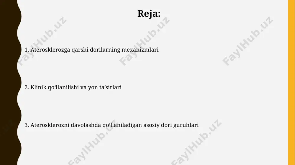 aytirishi bilan bog'liq bo'lib, bu ateroskleroz rivojlanishining muhim omili hisoblanadi. pcsk9 ingibitorlari: mexanizmi va samaradorligi klinik tadqiqotlar pcsk9 inhibitörlarini qo'llash yurak-qon tomir kasalliklari xavfini 40-60% ga kamaytirishi mumkinligini ko'rsatdi. pcsk9 inhibitörlari ldl xolesterol darajasini 50-70% ga kamaytirish orqali ateroskleroz rivojlanishini sekinlashtiradi. nikotinik kislota: foydasi va yon ta'siri nikotin kislotasining katta dozalarini qabul qilish terining qizarishi (flush), qichishishi va isitma kabi yon ta'sirlarni keltirib chiqarishi mumkin, bu esa dozani sozlashni talab qiladi. nikotin kislotasi, yoki b3 vitamini, qon xolesterolini 10-15% ga kamaytirishga yordam beradi, ammo yuqori dozalarda jigar va oshqozon-ichak traktiga salbiy ta'sir ko'rsatishi mumkin. aterosklerozning oldini olish ateroskleroz xavfini kamaytirish uchun ldl xolesterol darajasini 70 mg/dl dan pastga tushirishga qaratilgan statinlar kabi dorilarni qo‘llash tavsiya etiladi, bu esa yurak-qon tomir kasalliklari xavfini sezilarli darajada pasaytiradi. taxminan 50 yoshdan oshgan erkaklar va 55 yoshdan oshgan ayollar, shuningdek, yurak-qon tomir kasalliklari xavf omillariga ega bo‘lganlar, ateroskleroz oldini olish uchun muntazam tibbiy ko‘rikdan …