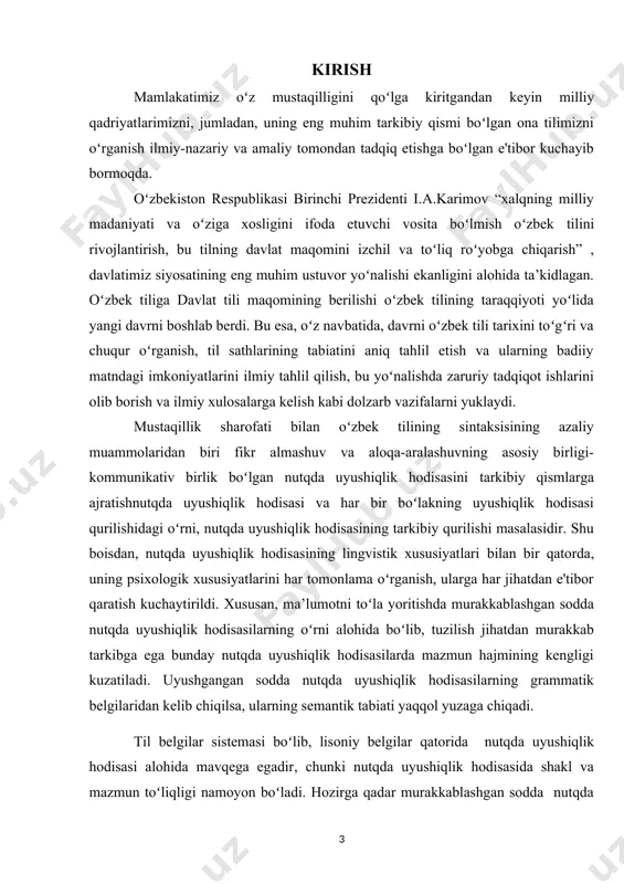 nutqda uyushiqlik hodisasini tadqiq etish va o‘rganish asosiy maqsadi hisoblanadi. kurs ishining vazifasi: kurs ishining mavzusidan kelib chiqqan holda oʻzbek tilida nutqda uyushiqlik hodisali gaplarni yasash mavzusini rejalar asosida batafsil o‘rganish. kurs ishining tuzulishi: mazkur kurs ishi kirish, ikkita bob, xulosa va foydalanilgan adabiyotlar ro‘yxatidan iborat. har bir bob ikkitadan mavzuni o‘z ichiga oladi. i bob. nutqda uyushiqlik hodisasi lisoniy tizimda tahlili 1.1. nutqda uyushiqlik hodisasilarning lisoniy tizimda tutgan oʻrni oʻzbek tilshunosligida uyushish hodisasi bilan bogʻliq uchta hodisa mavjud: - gapda uyushgan soʻz shakllar - qoʻshma gapdagi uyushiq gaplar - uyushgan gaplar. uyushiqlik umumiy holat boʻlib, sodda gapga ham, qoʻshma gapga ham xosdir. sodda gapda soʻz shakllar uyushib kelsa, qoʻshma gapda soʻzshakllar, sodda gaplar uyushib keladi. aytilganidek, uyushiklik ikki birlik (unsur)dan iborat boʻladi: uyushuvchi unsur. bu ikki unsur barcha uyushish hodisalarida mavjud boʻladi. xoʻsh, uyushgan gap nima va u uyushiq gaplardan nimasi bilan farqlanadi? ma’lumki, har qanday gap grammatik yoki …