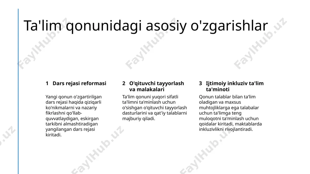ni ta'kidlaydi, o'quvchilarning natijalarini hamkorlik va barqarorlik bilan baholashni ta'minlaydi. 3 o'qituvchilar uchun amalga oshirish va o'qitish davlat o'qituvchilarni yangi baholash va talim usullarini tushunish va amalga oshirishda yordam berish uchun o'qituvchilarga ta'lim va resurslar taqdim qiladi. ta'lim uchun resurslar va moliya davlat to'lovlari maxsus sohalar tomonidan moliyalash xalqaro yordam va hamkorliklar davlat ta'lim uchun milliy byudjetning qismini, maktablar, o'qituvchilar oyligini, va ta'limiy resurslarni moliyalash uchun ajratadi. maxsus kompaniyalar va tashkilotlar ham ta'limni moliyalashda korporativ ijtimoiy mas'uliyat loyihalari, bursalar va maktablar va ta'limiy dasturlarga xayriyahlar orqali ishtirok etishadi. xalqaro tashkilotlar va tashqi davlatlar o'zbekistonda ta'lim uchun moliya va resurslarni hamkorlik, grantlar va rivojlanish loyihalari orqali ta'minlashadi. amalga oshirish jadvali va bosqichlari 1 amalga oshirish uchun jadval yangi ta'lim qonuni amalga oshirish jadvali, darslik tuzish, o'qituvchilar bilan ishlash, va infratuzilma yangilanish kabi asosiy bosqichlarni o'z ichiga oladi. 2 ta'lim sohasidagi bosqichlar ta'lim sohasidagi muhim bosqichlar, yangi kasb-hunar o'quv markazlarini tashkil etish, …