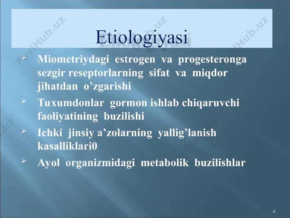 rasidagi bo’shliqda bachadonning yumaloq boylamlarida b.qorin bo’shlig’idan tashqaridagi bachadon bo’yni sohasida qinda tashxisdan keyingi chandiqlarining endometriozi to’g’ri ichak sohasida siydik pufagida charvida jigarda buyraklarda o’pkada konyunktivada va boshqalar qin orqa gumbazi va bartolin bezlaridagi endometrioid geteropatiyalar * mochetochnik pupok tonkiy kishechnik slepaya kishka vnutrennee koltso paxovogo kanala kruglaya svyazka matki mochevoy puzir puzirno-matochnaya skladka pax bryushina taza fallopievie trubi sigmovidnaya kishka yaichnik poverxnost matki miometriy (adenomioz) sheyka matki vlagalishe promejnost * og’riqlar hayz siklining buzilishi qo’shni a’zolardan – to’g’ri ichak, siydik chiqarish yo’llari faoliyatining buzilishi bepushtlik * qin orqali tekshirish kolposkopiya biopsiya va gistologik tekshirish bachadon bo’shlig’idan va bo’ynidan qirma olish. gsg utt laparoskopiya. rektoromanoskopiya * organizmning immunologik xususiyatlarini oshirish gormonlar bilan davolash, ya’ni endometrioz o’choqlaridagi siklni o’zgarishlar so’ndiriladi yallig’lanish alomatlarini davolash jarrohlik uslubi bilan davolash * tashviqot va targ’ibot ishlari kontraseptiv vositalar va moddalarni keng qo’llash, abortlarning oldini olish davolash va diagnostik muolajalarni hayz sikliga ahamiyat bergan holda bajarish …