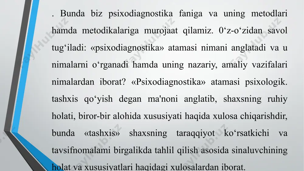 sh. psixodiagnostika fani psixologiya tarmoqlaridan biri bo‘lib, shaxsning individual- psixologik xususiyatlarini, aqliy taraqqiyotini aniqlab oichash, ya'ni hisoblab chiqaruvchi metodlarini o‘rgatuvchi fandir. psixodiagnostika - shaxsning individual-psixologik xususiyatlarini (aniqlab o‘lchashda) har xil metodlar bilan aniqlab o‘lchasa-da, keyinchalik proektiv metodlar, so‘rovnomalar paydo bo‘lishi jarayoniga asos bo‘lib xizmat qildi. shu bilan birga psixodiagnostikaning rivojlanishida nazariy jihatdan metodikalaming kamligi ko‘rinib qoldi. psixodiagnostikaga matematik-statistik metodlar va korrel- yatsiya hamda tahlil qilish, faktorli analiz paydo bo‘lishi va takomillashuvi, psixometrik tadqiq qilish amaliy jihatdan juda katta samara berdi. bolalarni psixodiagnostik tadqiq qilish yosh xususiyatlariga, u yoki bu yosh davri uchun etakchi faoliyat turining ta'siriga, individual tipologik tavsifno- malaming taraqqiyot darajasiga bog‘liq ravishda ba'zi xususiyatlarga ega. bola taraqqiyotining har bir yosh davri bolalar bilan ishlashning usullari va metodlarini, eksperimental tadqiqotning o‘z inaqsadlari va vazifalarini talab qiladi. kichik yoshdagi bolalarni psixodiagnostik tekshiruv yosh psixologiyasi va pedagogic psixologiyaning sohasi hisoblanadi. olingan natijalar yordamchi xarakterga ega bo‘lib, pedagog tomonidan bola psijdk taraqqiyoti …