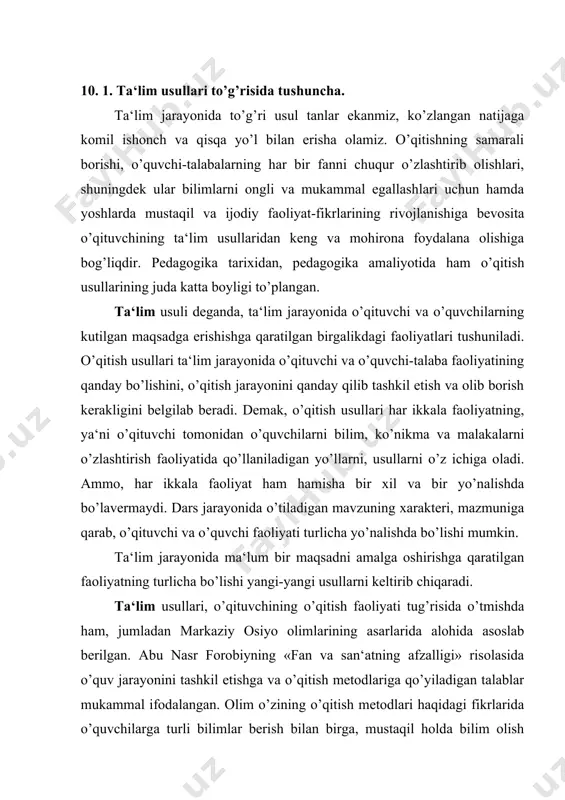 yiladigan talablar mukammal ifodalangan. olim o’zining o’qitish metodlari haqidagi fikrlarida o’quvchilarga turli bilimlar berish bilan birga, mustaqil holda bilim olish yo’llarini ham ko’rsatish, ularni bilimlarning zarurligiga aniq ishontirish kerakligini o’qtirgan. barcha qomusiy olimlar foydalangan o’qitish metodlarini bir necha guruhga ajratish mumkin. bular: ko’rsatmali tajriba usullari (ibn sino), bilimlarni bayon qilishning savol-javob usullari (abu rayxon beruniy, al-xorazmiy), ko’nikma va malakalarni shakllantirish metodlari, bilimlarni tekshirish usullari (forobiy, al-xorazmiy) va hokazolardan iboratdir. shunisi diqqatga sazovorki, mazkur olimlarning hammalari o’quvchilar faoliyatini kuchaytirish va ularda mantiqiy tafakkurni rivojlantirish maqsadini ko’zlaganlar. hozirda yangi pedagogik texnologiyalarni ta‘lim jarayonida kengroq joriy etilishi zamirida o’quvchi-talabaga berilishi lozim bo’lgan ilmiy bilimlar ko’lami o’qitish usullari va shakllarining doirasini kengashtirish zarurligini taqozo etmoqda. o’qitishning hikoya, suhbat, ma‘ruza, illyustratsiya turlari, namoyish qilinadigan asbob-uskunalar va priborlarni ko’rsatish, mashqlarni, mehnat topshiriqlarini, laboratoriyada o’tkaziladigan tajribalarni bajarish, xalq pedagogikasi materiallaridan foydalanish usullari va uslubi, o’quv munozaralari, o’quv faoliyatida rag’batlantirish va tanbeh, o’quv materiallarini muammoli bayon qilish, muammoli …