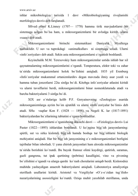 bilan isbotladi. u yana chirish jarayonlari ham aloxida mikroorganizmlar ta`sirida borishini ko`rsatdi. bu buyuk fransuz olimi kuydirgi, qutirish, saramas, gazli gangrena, tut ipak qurtining (pebrina) kasalligini, vino va pivoning bo`zilishini o`rgandi va ularga qarshi ko`rash choralarini aniqab berdi. kislorodsiz muhitda yashaydigan anaerob bakteriyalarni aniqladi. laboratoriya amaliyotiga sterillash usullarini kiritdi. aristotel va vergiliylar «o`z-o`zidan tug`ilish» nazariyalarining asossizligini ko`rsatdi. oziqa muhit yaxshilab sterillansa, unda hech qanday mikroorganizmning paydo bo`masligini asoslab berdi. paster tovuqlar xolerasini o`rganish jarayonida sog`lom tovuqga kuchsizlantirilgan bakteriya kulturasini yuborilganda tovuqlarning kasallikga chalinmasligini katdi. xuddi shu ishni u kuydirgi kasalligi bilan kasallangai mollarda ham qaytardi va ijobiy natijalar olishga muvaffaq. u hayvonlarni kuchsizlantirilgan bakteriya kulturasi bilan emlaganda hayvonlarda kuydirgi bakteriyasiga qarshi immunitet hosil bo`lishini aniqladi. paster kuydirgi kasalligini .o`rganib «lanatlangan dalalar» sirini ochdi. pasterning qutirish kasalligini o`rganish borasidagi ishlari o`ta katta ahamiyatga molikdir. u qutirgan itlar sulagini mikroskop ostida tadqiq qilib mikroorganizmlarini ko`rishga muyassar bo`a olmadi. kasallik bakteriyasini mikroskopda ko`ra …