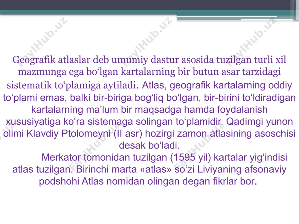 kartalar ham kiritilgan tabiiy-geografik atlaslar (o‘rta osiyo respublikalarining tabiiy geografik atlasi, 1984 yil). umumiy kompleks atlaslar. bunday atlaslarda ham tabiiy ham ijtimoiy-iqtisodiy ba’zan tarixiy kartalar beriladi (aqsh va kanada atlaslari, komi respublikasi atlasi, ozarbayjonni atlasi va b.). qaysi sohada ishlatilishiga ko‘ra: 1. o‘quv atlaslari. 3. turistik atlaslar 4. harbiy atlaslar. 2. ilmiy ma’lumotnomali atlaslar. o‘quv atlaslari 2 xil bo‘ladi: o‘rta maktablarda geografiya fanini o‘qitish uchun mo‘ljallangan o‘quv atalslari o‘quv-o‘lkashunoslik atlaslari 5-sinf atlasida, geografyaning asosi bo‘lgan umumgeografik manbalar, kartada maxsus belgi-modellar yordamida tasvirlangan. atlasda qisqacha plan olishni bajarish, meridian va parallellar, ularni globusda tasvirlanishi, geografik globus bilan geografik kartaning farqlari haqida ma’lumot berilgan. 6-sinfda ishlatiladigan atlas materiklar va okeanlar atlasi bo‘lib, u asosan materiklar va okeanlarning tabiiy geografiyasini o‘rganishga mo‘ljallangan. 6-sinf atlasi yer sharini bir butun shaklda va materik hamda okeanlarga bo‘lib o‘rganish mumkinligini va ularning relefi, geologiyasini, tuproqlari, o‘simliklari, iqlimi, hayvonot dunyosi va aholisi to‘g‘risida ko‘rgazmali shaklda ma’lumot beradi. 10 …