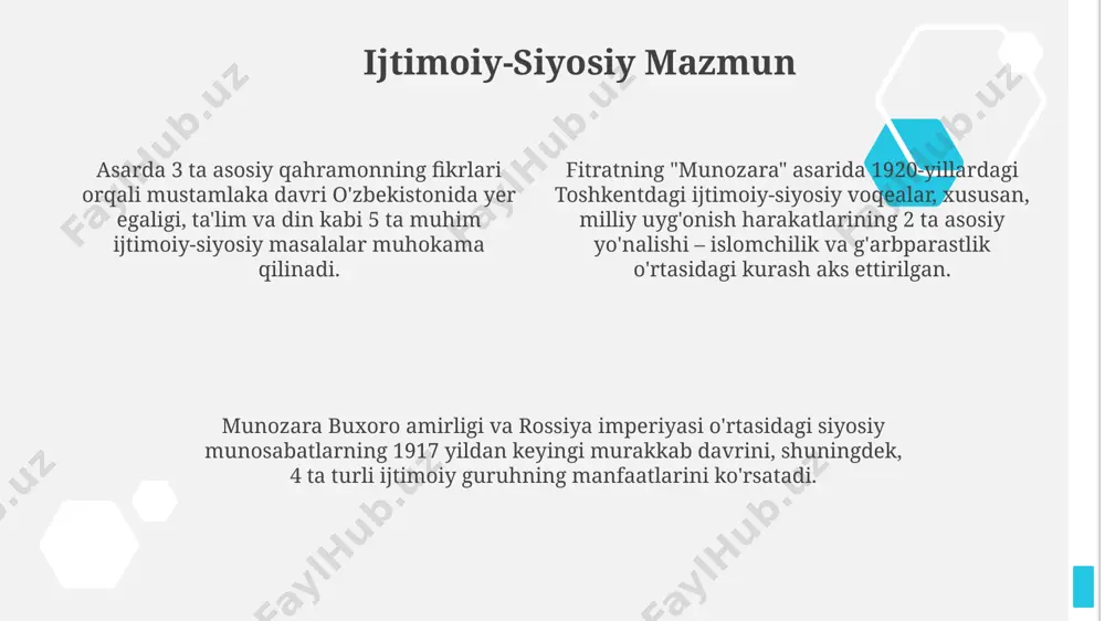o madaniy muhitini aks ettiradi. ma'naviy-axloqiy muammolar asarda 3 ta asosiy ma'naviy-axloqiy muammo – milliy ong, diniy e'tiqod va ijtimoiy adolatsizlik masalalari samarqand va buxoroning tarixiy kontekstida ko'rib chiqiladi. fitratning "munozara" asarida 1920-yillardagi toshkentdagi ma'naviy-axloqiy muammolar, jumladan, 2 ta asosiy qarama-qarshi guruhning – yangi va eski avlod vakillarining kurashi tafsilotli tahlil qilinadi. munozara"da 5 ga yaqin qahramon orqali fitrat 1920-yillar o'zbekistoni aholisining ma'naviy-axloqiy qiyinchiliklarini, jumladan, ta'lim va madaniyatning yetarli darajada rivojlanmaganligini aks ettiradi. "munozara"ning yozilish tarixi asar samarqand shahrida, muallifning ijodining eng sermahsul davrida, taxminan 1922-1924 yillar oraligʻida yozilgan deb taxmin qilinadi. “munozara”ning yozilish tarixi 1920-yillarga, turkiston avtonom sovet sotsialistik respublikasining shakllanish davriga toʻgʻri keladi, bu davrda fitratning ijtimoiy-siyosiy faoliyati juda faol edi. munozara drama janrida yozilgan boʻlib, 20-asr boshlarida milliy uygʻonish va ijtimoiy oʻzgarishlar kontekstida paydo boʻlgan asar hisoblanadi. e'tiboringiz uchun rahmat @taqdimot_robot