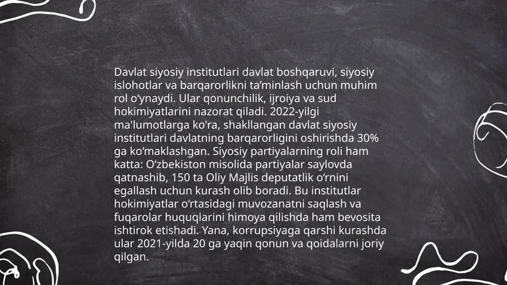 di. ushbu tizim davlatni samarali boshqarish va ijtimoiy-iqtisodiy masalalarni hal etishni ta’minlaydi. davlat siyosiy institut ekanligi va uning tuzilishi. latifjonov ollayor e'tiboringiz uchun raxmat! image1.png image2.png image3.png image4.png image5.jpg image6.png image7.png image8.jpg image9.png image10.jpg image11.png /docprops/thumbnail.jpeg