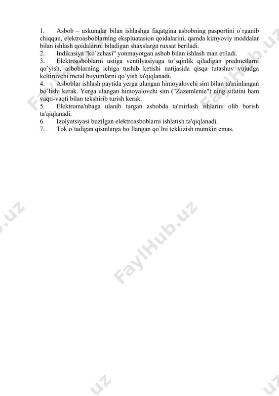 vuq suvda uzoq muddat yuvib, so`ngra tibbiy bo’limga murojat qilish kerak. 7. kimyoviy kuyish vaqtida kaliy permanganatning 2% eritmasi bilan yuvib tashlash lozim bo`ladi. so`ngra ushbu eritmadan jaroxatlangan yuzaga marli yordamida kompres qilish lozim bo`ladi. 8. kislota bilan kuyish paytida natriy gidrokorbanatning 1% li eritmasi bilan, asoslar bilan kuyganda 1% li sirka kislotasi bilan yuvish kerak. kislota yoki asos ko`zga tushgan taqdirda 2% li borat kislota eritmasi bilan yuvish darkor. elektroasboblar bilan ishlash uchun texnika xavfsizlagi yo`riqnomasi 1. asbob – uskunalar bilan ishlashga faqatgina asbobning pasportini o`rganib chiqqan, elektroasboblarning ekspluatasion qoidalarini, qamda kimyoviy moddalar bilan ishlash qoidalarini biladigan shaxslarga ruxsat beriladi. 2. indikasiya "ko`zchasi" yonmayotgan asbob bilan ishlash man etiladi. 3. elektroasboblarni ustiga ventilyasiyaga to`sqinlik qiladigan predmetlarni qo`yish, asboblarning ichiga tushib ketishi natijasida qisqa tutashuv vujudga keltiruvchi metal buyumlarni qo`yish ta'qiqlanadi. 4. asboblar ishlash paytida yerga ulangan himoyalovchi sim bilan ta'minlangan bo`lishi kerak. yerga ulangan himoyalovchi sim ("zazemlenie") ning sifatini …