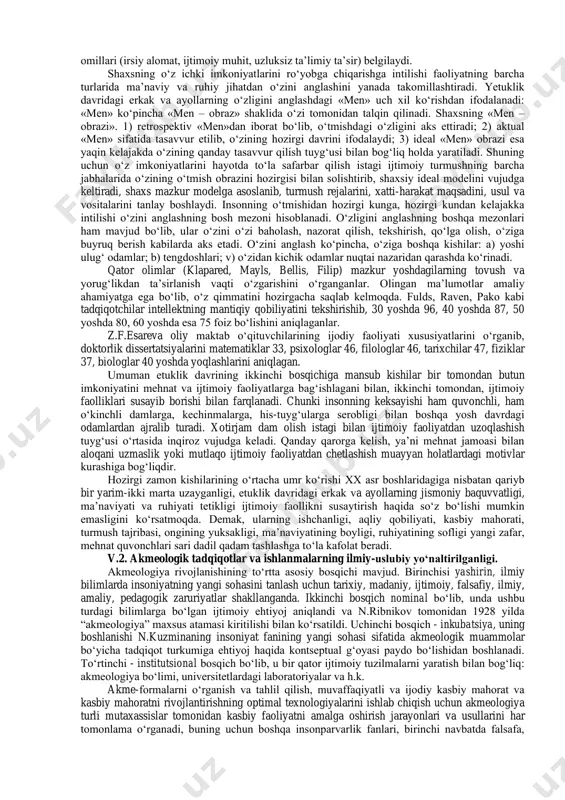 ‘yonga qarshi qo‘yilgan qadam hisoblanadi. shuning uchun yakka shaxs xarakterini shakllantiruvchi yoki uning mustahkam ichki rishtalarini еmiruvchi omil mehnat jamoasidagi ijtimoiy fikrdir. jamoaga bo‘ysunish har bir a’zoning burchidir. ayrim hollarda ko‘pchilikning tazyiqiga uchragan shaxsda prinsipiallik, adolatlilik singari hislar, shaxsiy nuqtai nazar bo‘shashib qoladi, natijada unda ikkilanish. tuyg‘usi paydo bo‘ladi. 2) oila mikromuhiti – yoshlik gashtini surayotgan yigit va qizlar ota-onasiga, buva- buvisiga, opa-singillariga, aka-ukalariga, turmush o‘rtog‘iga, farzandlariga oqilona munosabatda, oila a’zolarining har biri bilan to‘g‘ri muloqotda bo‘lishi, muayyan qoidaga asoslangan muomala qilishi shart. oiladagi shaxslararo munosabatning ko‘lami kengligi sababli bir nechta bosqichli muloqotga asoslanish kerak. lekin oila tinchligi, totuvligi va ahilligiga xalal bermaslik niyatida yosh yigit va qizlar (kelinlar) vijdon amriga qarshi xatti-harakat qilishga ham majbur bo‘ladilar, o‘z maslaklari, fikrlari, shaxsiy qarashlariga xilof yo‘l tutadilar. dilkashlik uchun har bir oila a’zosi bilan umumiy «til» topishga intiladilar. shunga ko‘ra oila muhiti ham yigit va qizlarning ruhiyati hamda ma’naviyatini o‘zgartiradigan omil vazifasini …