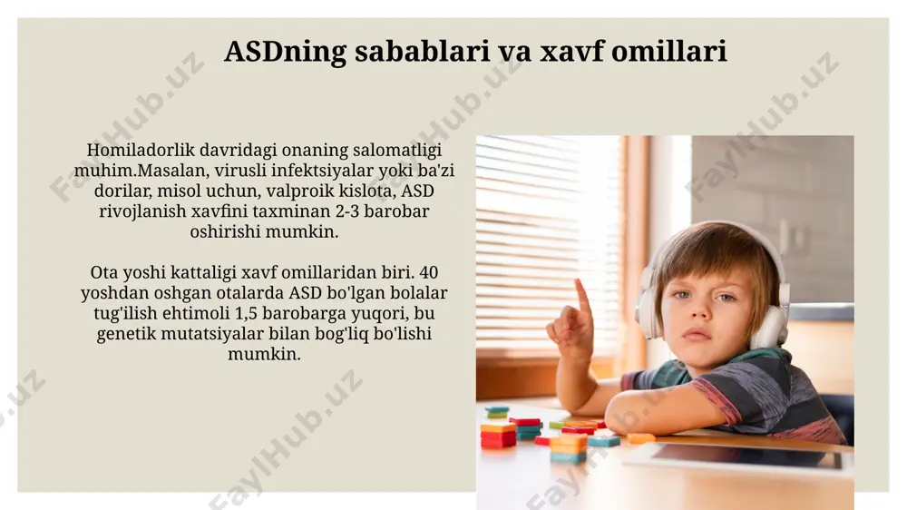 takroriy harakatlar, masalan, qo'llarini qayta-qayta qanot kabi silkitish yoki narsalarni chiziq bo'ylab 3 yoki undan ortiq marta tartibga solish kuzatilishi mumkin. asd bilan yashovchi kattalar asd bilan yashovchi kattalar orasida ishsizlik darajasi yuqori, ba'zi tadqiqotlar taxminan 85 foizni ko'rsatadi, bu esa ularning moliyaviy mustaqilligiga va jamiyatga integratsiyalashuviga to'sqinlik qiladi. kattalarning taxminan 35 foizi asd bilan to'liq mustaqil yashashi mumkin, qolgan 65 foizi esa turli darajadagi qo'llab-quvvatlashga muhtoj bo'ladi, bu ko'pincha uy-joy va ish bilan bog'liq. asd bilan bog'liq komorbid kasalliklar epilepsiya asd bilan kasallangan bolalarning taxminan 10-20% da uchraydi. epilepsiya xurujlari autizm spektr buzilishi simptomlariga qo'shimcha qiyinchiliklar tug'diradi va davolashga alohida yondashuv talab etiladi. autizm spektr buzilishi bilan bog'liq komorbid kasalliklar haqida 3 ta ma'lumot: e'tiboringiz uchun rahmat @taqdimot_robot image3.jpg image4.jpg image5.jpg image6.jpg image7.jpg image8.jpg image9.jpg image10.jpg image11.jpg image12.jpg image13.jpg image14.jpg