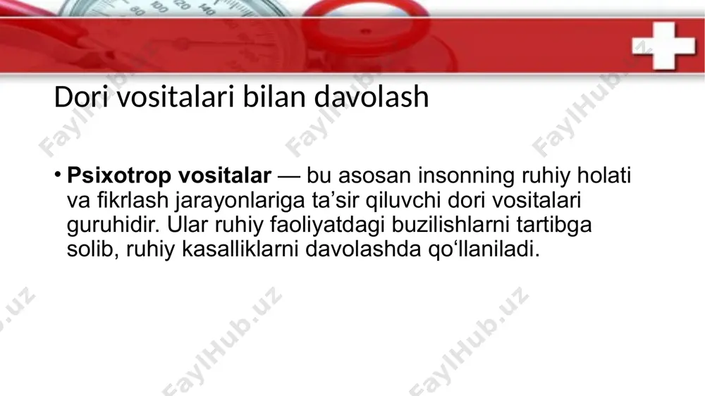 epin hosilalari – elenium, diazepam, lorazepam, fenazepam, klonazepam, alprazolam va boshqalar. trimetoksibenzoat kislotasi hosilalari – masalan, trioksazin. azapiron hosilalari – masalan, buspiron. benzoksazin hosilasi – masalan, etifoksin (stresam). boshqa kimyoviy tuzilmali moddalar – amizil, gidroksizin, oksilidin, mebikar, adaptol, mexidol va boshqalar. 4 nootropi nootroplar yoki neyrometabolizm stimulyatorlari — miyaning yuqori funksiyalariga (fikrlash, eslab qolish, o‘rganish) ixtisoslashgan ta’sir ko‘rsatadi. ular: xotira va o‘qish qobiliyatini yaxshilaydi, aqliy faoliyatni oshiradi, miya faoliyatini zararli omillarga (stress, charchoq) nisbatan bardoshliligi bilan mustahkamlaydi. shu bilan birga, oddiy psixostimulyatorlarga xos bo‘lgan nojo‘ya ta’sirlarni keltirib chiqarmaydi. 🧠 nootroplarning asosiy ta’sirlari: neyroprotektiv ta’sir — miya hujayralarini kislorod yetishmovligi (gipoksiya)ga nisbatan bardoshli qiladi, — glyukoza o‘zlashtirilishini va atp, oqsil, rnk sintezini kuchaytiradi. neyromediatorlarga ta’siri — miya kimyoviy moddalarini (neyroransmitterlar) ko‘paytiradi: gamk, atsetilxolin, dopamin, noradrenalin, serotonin. membrana barqarorlashtiruvchi ta’sir (membranstabilizatsiya) — nerv hujayralaridagi fosfolipidlar va oqsillar sintezini tartibga soladi, — hujayra membranalari tuzilmasini barqarorlashtiradi va normallashtiradi. antioksidant ta’sir — erkin radikallar …
