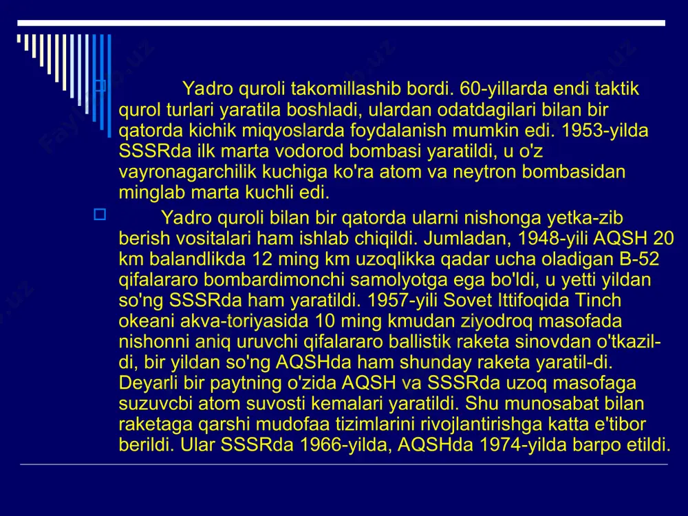 hujjatlarni imzolashdiki, bu hoi yevropa iqtisodiy hamjamiyati (yih) yoki "umumiy bozor"ga asos soldi. bu hujjatlarga imzo chekkan mam-lakatlar 12 yil mobaynida bojxona to'siqlarini tugatish, umumiy soliqlarni o'rnatish, keyinchalik esa umuman yo'q qilish, ishchi kuchi erkin harakat qilishini ta'minlash majburiyatini olishdi, shuningdek, bir xil ijtimoiy kafolatlar va yagona ish haqi to'g'risida kelishib olishdi. yevropa iqtisodiy hamjamiyati (yih}-"umumiy bozor" — 1957-yilda tashkil etilgan bo'lib, ishtirokchi mamlakatlar o'rtasida savdoda barcha cheklanishlarni sekin-asta bar-taraf etish va bojxona siyosatini otib borishni ko'zda tutadi. rim protokollari imzolangan dastlabki yillar umidli natijalarni bera boshladi. 1968-yilga kelib "umumiy bozor" mamlakatlari o'rtasida barcha bojxona soliqlari bartaraf etildi. bu hoi rejalashtirilgan muddatdan oldin-roq ro'y berdi. yevropaning bundan keyingi birlashuvi fransiya va germaniya o'rtasidagi zid-diyatlarga duch keldi. umumiy siyosiy manfaatlar ikkala tomonni bk bitimga kelishga majbur etdi. 1958-yili fransiya prezidenti bo'lgan general de goll va 1949-yildan gfr kansleri bo'lib kelgan kadenauer murosaga kelishga qaror qi­lishdi. kadenauer fransiyaga yevropada siyosiy gege-moniyaga erishishga, …