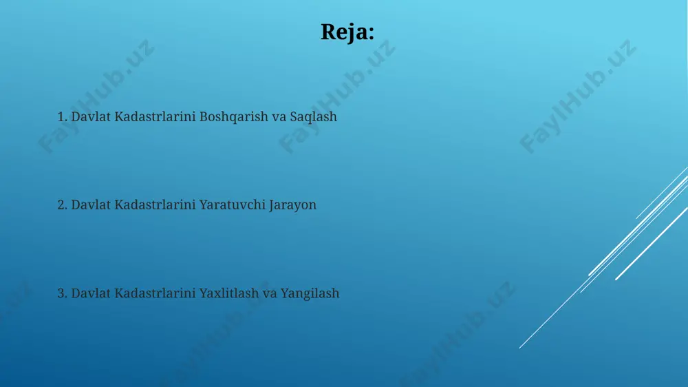 ng huquqiy holatini aniqlashga yordam beradi. kadastral ma'lumotlarni himoya qilish va xavfsizlik geodezik ma'lumotlar bazasini 3 darajali himoya tizimi bilan ta'minlash, shu jumladan, toshkent shahridagi markaziy serverda joylashgan asosiy ma'lumotlar bazasining shifrlanishi va zahiralanishi, xavfsizlikni yanada kuchaytiradi. kadastr xaritalarining raqamli nusxalarini himoya qilish uchun 128-bitli aes shifrlash algoritmi va biometrik autentifikatsiya tizimidan foydalanish, samarqand viloyatidagi kadastr idoralarida qo'llanilmoqda. davlat kadastrini yaratuvchi jarayon davlat kadastrini yaratish jarayoni 1:10 000 masshtabdagi topografik xaritalardan foydalanishni, shuningdek, yer uchastkalarini aniq chegaralash va ularning maydonlarini aniqlash uchun gps texnologiyalaridan foydalanishni o'z ichiga oladi, masalan, toshkent viloyatida. davlat kadastri ma'lumotlar bazasini yaratish va uni muntazam ravishda yangilab turish, har yili kamida 10000 ta yangi yer uchastkalarini qo'shish va mavjud ma'lumotlarning aniqligini tekshirishni o'z ichiga oladi, masalan, farg'ona vodiysida. yer resurslarini to'plash va tahlil qilish surxondaryo viloyatining 5 ta tumanida joylashgan 1000 ga yaqin yer uchastkalari bo'yicha yer egalik huquqini tasdiqlovchi hujjatlarning raqamli nusxalari to'planib, ma'lumotlar bazasiga …
