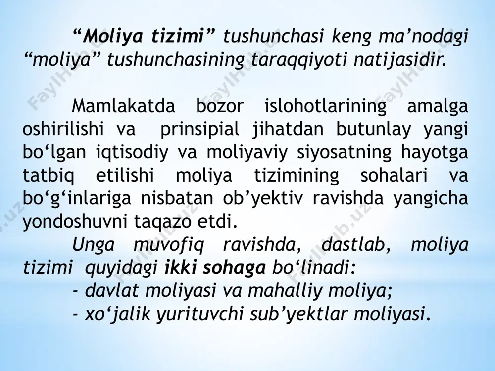 lik yurituvchi sub’yektlar moliyasi moliya tizimining mustaqil sohasidir. uni boshqacha nomda mulkchilikning turli shaklidagi korxona va tashkilotlar moliyasi deb ham atash mumkin. moliya tizimining ana shu sohasida daromadlarning asosiy qismi shakllanadi va ular, oxir oqibatda davlat tomonidan o‘rnatilgan qoidalarga muvofiq ravishda qayta taqsimlanib, barcha darajadagi byudjetlar va maqsadli fondlarining daromadlarini shakllantiradi. yuqorida qayd etilganidek, moliya tizimining bu sohasi tijorat korxonalari va tashkilotlari moliyasi, moliyaviy vositachilar moliyasi va notijorat tashkilotlar moliyasi kabi bo‘g‘inlardan tashkil topadi. bu guruhga kiruvchi xo‘jalik yurituvchi sub’yektlarning moliyaviy munosabatlari tadbirkorlik faoliyatini tashkil etish, daromadlar va xarajatlarni shaklantirish, mulkka egalik qilish, o‘z zimmalariga olgan majburiyatlarini bajarish shakllariga bog‘liq ravishda o‘ziga xos bo‘lgan xususiyatlarga egadir. bir vaqtning o‘zida, tijorat korxonalari va tashkilotlari moliyasi muhim ahamiyat kasb etib, aynan shu yerda moliyaviy resurslarning asosiy qismi shakllantiriladi. mamlakatning umumiy moliyaviy ahvoli ana shu korxonalar moliyasining ahvoli bilan belgilanadi. bozor munosabatlari sharoitida korxonalar o‘zlarining faoliyatlarini tijorat asosida amalga oshiradilar. unga muvofiq ravishda …
