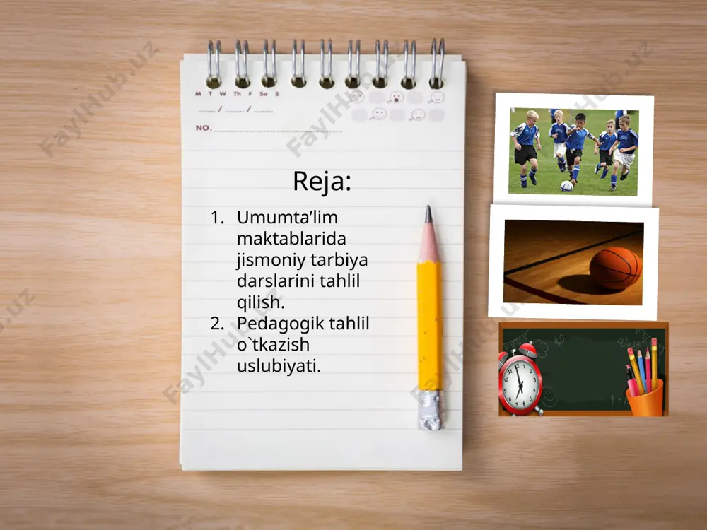 lari buyicha qanday ko‘rsatmalar berilgan, ularning to‘g‘riligi, maqsadga muvofiqligi, ifodalanishi va hokazo misollar bilan tasdiqlanadi. 2. dars o‘tkazish joyi, o‘quv qurollari va anjomlarining tayyorligi va ularning sanitariya-gigiena holati. 3. o‘qituvchi va o‘quvchilarning tashqi ko‘rinishi. 4. navbatchi va guruh boshliqlarining oldindan tayyorgarliklari. 5. darslardan ozod qilingan yoki yuklama (kasalligi buyicha) miqdorlab beriladigan o‘quvchilarga darsdan oldin beriladigan ko‘rsatmalar. 2. darsni tashkil etish. ko‘zatuvchi bu bo‘limda quyidagilarga e’tibor berishi kerak: 1. darsning o‘z vaqtida boshlanishi va tugallanishi; dars qismlari ayrim asboblarda ish bajarish va mashq turlari uchun taqsimlangan vaqtning maqsadga muvofiqligi; 2. mashg‘ulot joyi, bor asbob-anjomlardan foydalanish, o‘quvchilarni joylashtirish, saflantirish va qayta saflanishlarning maqsadga muvofiqligi, ularning tarbiyaviy qiymati. 3. dars qismlarida o‘quvchilar faoliyatini tashqil etishning usullarini qullanishi, maqsadga muvofiqligi, ularning dars mazmuniga va vazifalariga, o‘quvchilarning yoshlariga mosligi, darsning yuklamasi va zichligiga ta’siri misollar bilan tasdiqlanadi. 4.darsning qismlarida o‘quvchilarning harakat faolliklarini oshirish uchun qanday metodik usullardan foydalanildi, ularning dars vazifalarini hal etishdagi samaradorligi misollar …