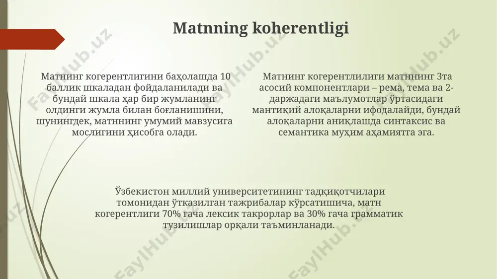 ni beradi. o'zbekistonning turli hududlaridan olingan 100 dan ortiq she'riy matnlarni tahlil qilish natijalari, she'riy tilning fonetik va ritmik xususiyatlarining mintaqaviy farqlarini ko'rsatadi. matn turlari matn turlari orasida 3 ta asosiy tur – badiiy, ilmiy va publitsistik matnlar mavjud bo'lib, ularning har biri o'ziga xos uslubiy xususiyatlarga, masalan, lug'aviy boylikka (5000 dan ortiq so'z) va sintaksis tuzilmalariga ega. ularning geografik tarqalishi ham turlicha. ba'zi matn turlarining, xususan, qadimiy xitoy adabiyoti namunalarining, 1000 yildan ortiq tarixi bor, bu esa ularning til va madaniyat tarixini o'rganishda ahamiyatini oshiradi; shuningdek, zamonaviy o'zbekistonda 10 dan ortiq turdagi matnlar keng tarqalgan. matnlarning tipologik tasnifi 2 xil mezon – kommunikativ maqsad va funksiyasi hamda kompozitsiyasi (tuzilishi) asosida amalga oshiriladi, masalan, hikoya, she'r yoki maqola sifatida. bunda turli janrlarning bir-biriga o'tishi mumkin. e'tiboringiz uchun rahmat @taqdimot_robot