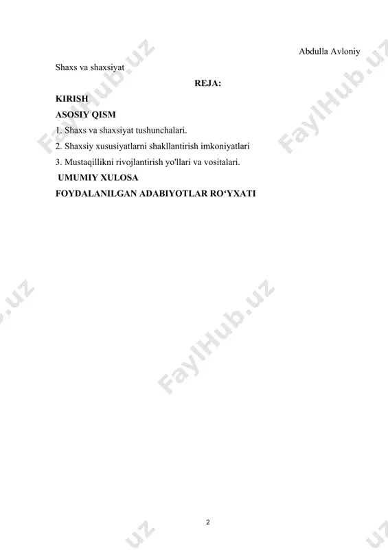 jumladan “ta’lim to’g’risidagi” qonun, ta’limni tubdan isloh qilish, uni o’tmishdan qolgan mafkuraviy qarashlar va sarqitlardan to’la halos etish, rivojlangan demokratik davlatlar darajasida, yuksak ma’naviy va ahloqiy talablarga javob beruvchi yuqori malakali kadrlar tayyorlash imkoniyatini berdi. kurs ishining maqsadi: o'quvchilar shaxsini rivojlantirishning o'ziga xos xususiyatlarini aniqlash va mavzuning dolzarbligini yoritish. o’tish davrining eng asosiy hususiyatlaridan biri bu – jamiyatning ma’naviy jihatdan yanada yuqori pog’onaga ko’tarilishidir. chunki o’tish davri birinchi galda jamiyatdan ma’naviy o’sishni talab etadi. ma’naviy o’sish o’z navbatida fan-tehnika, madaniyat, san’at hamda iqtisodiy rivojlanishiga asos bo’lib hizmat qiladi. shuning uchun ham bugungi kunda ma’naviy fazilatlarni tarbiyalash masalasi o’ta dolzarb masaladir. ma’naviyati yuksak shaxslar yurtni tanitadi. shaxsni esa uning ma’naviy qiyofasi tanitadi. ma’naviyat–tarbiyadan boshlanadi. ta’lim–tarbiyasiz ma’naviyatnng bo’lmasligi barchaga ayon haqiqatdir. milliy pedagogika asoschilaridan biri abdulla avloniyning “tarbiya biz uchun yo hayot, yo mamot, yo najot – yo halokat, yo sadoqat, yo falokat masalasidir!” degan so’zlari fikrimizga dalil bo’ladi. respublikamiz hukumati tomonidan …