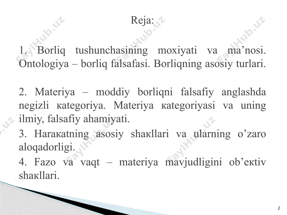, real mavjud. substansiya – o’z mavjudligi uchun o’zidan boshqa hech narsaga ehtiyoj sezmaydigan mustaqil borliq. 7 mifologiya va dinning bosh vazifasi falsafaning bosh maqsadi «borliqni kim yaratgani» haqida gapirib berish borliqning nimaligi, u qaerdan paydo bo‘lgani va qaerga yo‘qolishi»ni oqilona tushuntirish borliqqa munosabatning xilma-xilligi 9 sharq mutafakkiri ifkricha, borliq ibn sino fikricha ham borliqning asosi “vujudi vojib” ya’ni allohdir. vujudi vojib bu birinchi mohiyat . uning mavjudligi sababini boshqa narsalardan qidirish noo‘rin. zero vujudi vojibning mavjudligi uning o‘ziga bog‘liq. forobiyning fikricha, borliq ikkiga bo’linadi “vujudi vojib” barcha mavjud yoki paydo bo‘lishi mumkin bo‘lgan narsalarning birinchi sababi “vujudi mumkin” esa doimo o‘zgarishda , ziddiyatli munosabatlarda bo‘lib, unda barcha narsalar oddiydan murakkabga, tartibsizlikdan tartiblilikka qarab harakat qiladi. 1. birinchi holatdagi sabab. 2. ikkinchi holatdagi sabab. 3. uchinchi holatdagi aqli faol. 4. to‘rtinchi holatdagi instinkt. 5. beshinchi holatdagi shakl. 6. oltinchi holatdagi materiya. коsmоlоgiyaning taкlif qilingan еchimlariga nisbatan munоsabat bir xil emas. …