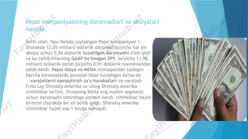 di: 2018-yil 9-noyabr. 3. ↑ „pepsico stock price, financials & news“ (en). fortune. 2016-yil 8-noyabrda asl nusxadan arxivlangan. qaraldi: 2016-yil 9-noyabr. 4. ↑ „annual report 2005 on sec filing form 10-k“ (en). pepsico, inc (2006-yil 27-fevral). 2016-yil 30-oktyabrda asl nusxadan arxivlangan. qaraldi: 2016-yil 29-oktyabr. 5. ↑ „annual report 2010 on sec filing form 10-k“ (en). pepsico, inc (2011-yil 18-fevral). 2016-yil 6-mayda asl nusxadan arxivlangan. qaraldi: 2016-yil 29-oktyabr. e’tiboringiz uchun rahmat!!! image1.png image2.png image3.png image4.png image5.png image6.png /docprops/thumbnail.jpeg